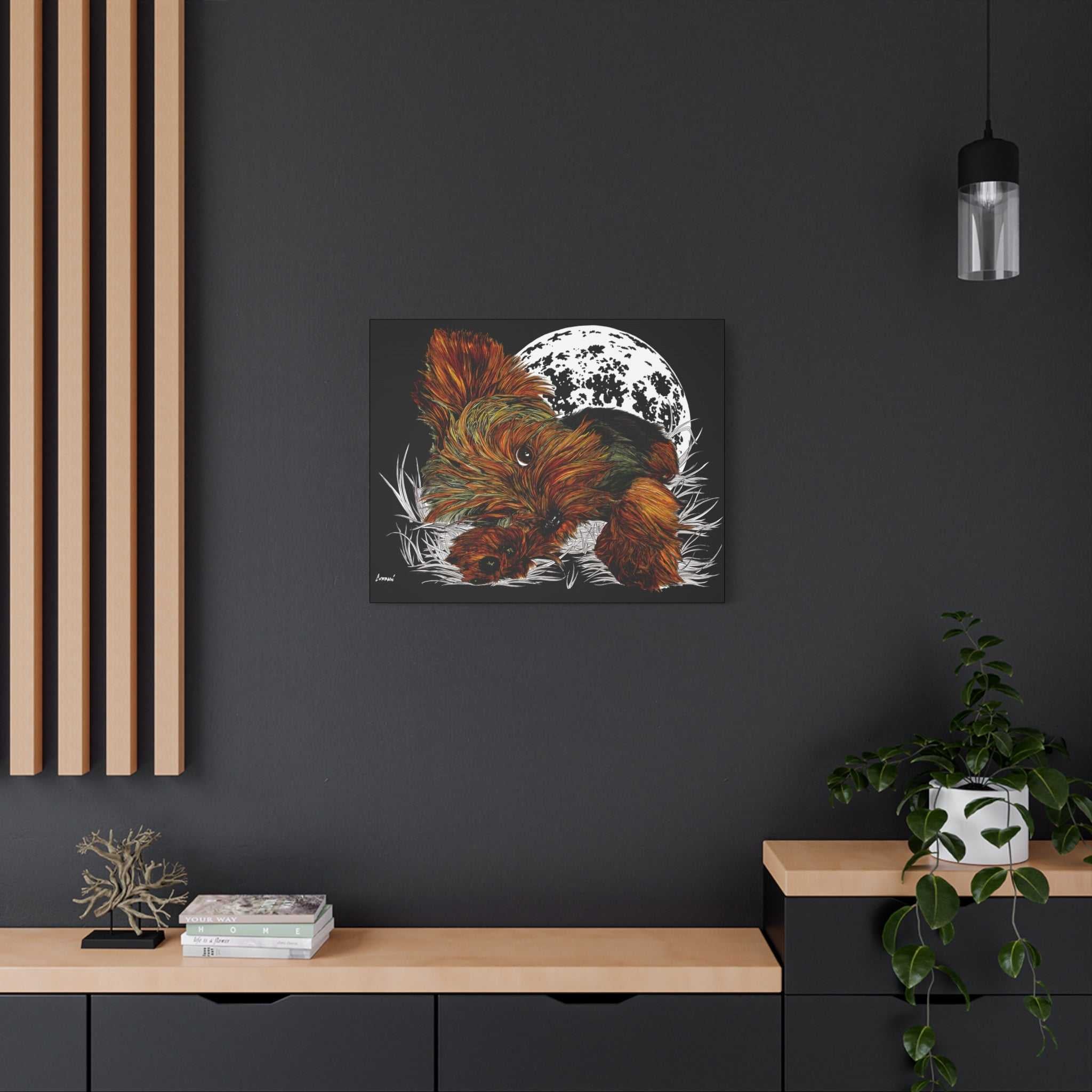 Bring a touch of charm to your walls with this adorable Yorkie Terrier Canvas Print - Cozy Yorkie with Moon Design. Perfect for dog lovers!