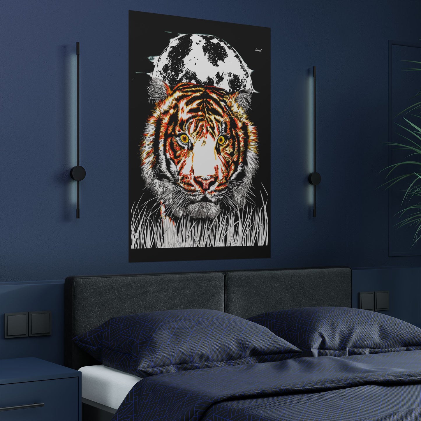 Majestic Tiger Satin Poster - 300gsm Art Print with Moon Design
