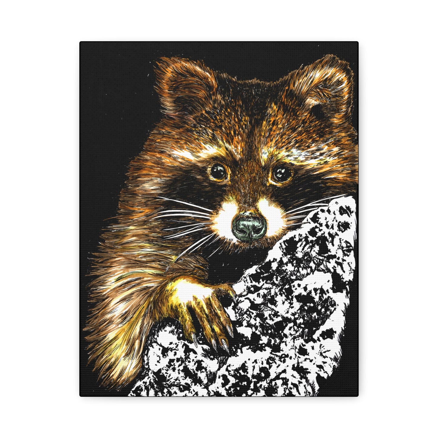 Raccoon in Tree Wall Art Canvas Print of the Original, hand drawn wall art of a Raccoon in a Tree