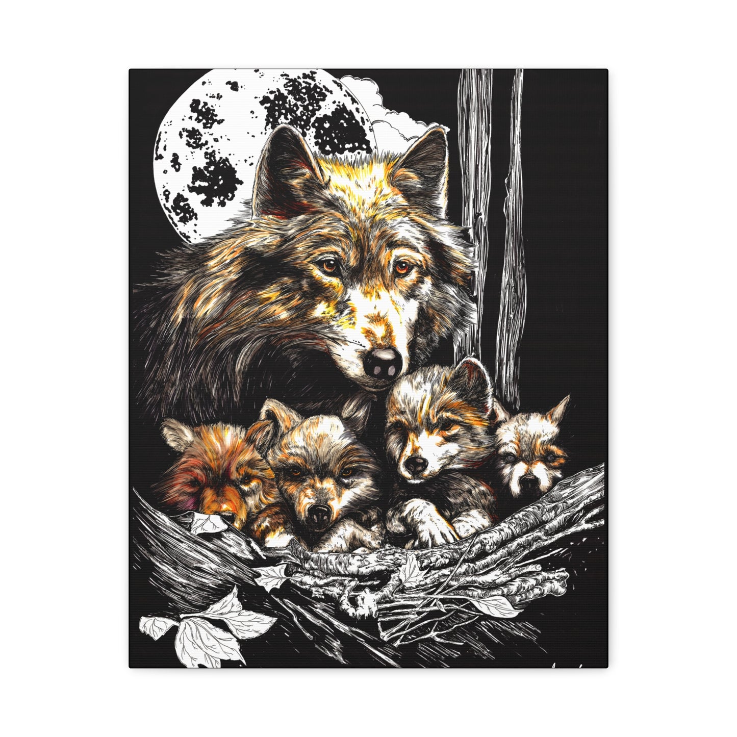 Wolf Wall Art, Wolf Print, Hand-Drawn Wolves, Wildlife Art, Wolf and Cubs, Nature Wall Decor, Animal Lover Gift, Woodland Art Printed on Matte Canvas, Stretched, 1.25"