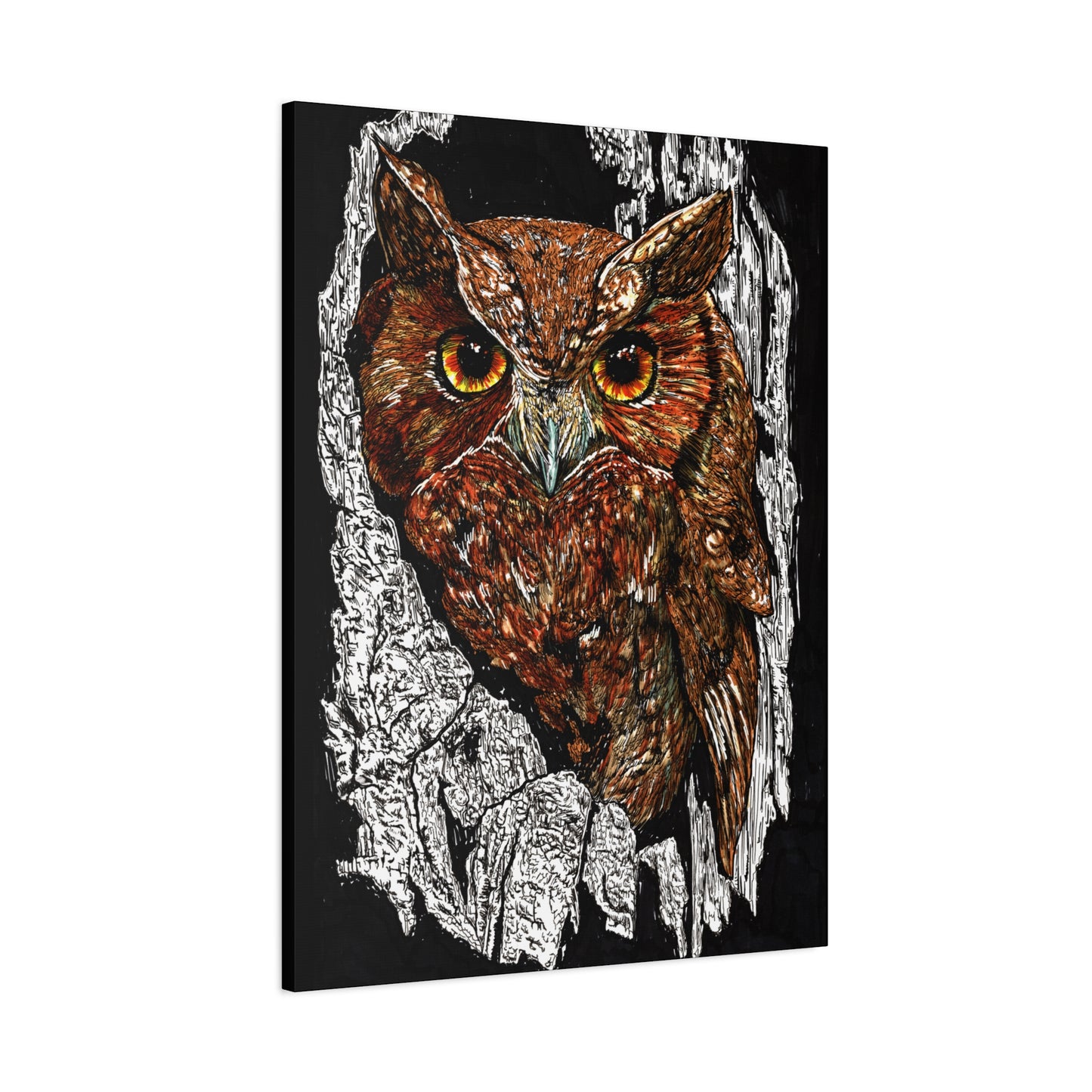 Owls in a Tree Wall Art Canvas Print of the Original, hand drawn wall art of an Owls in a Tree