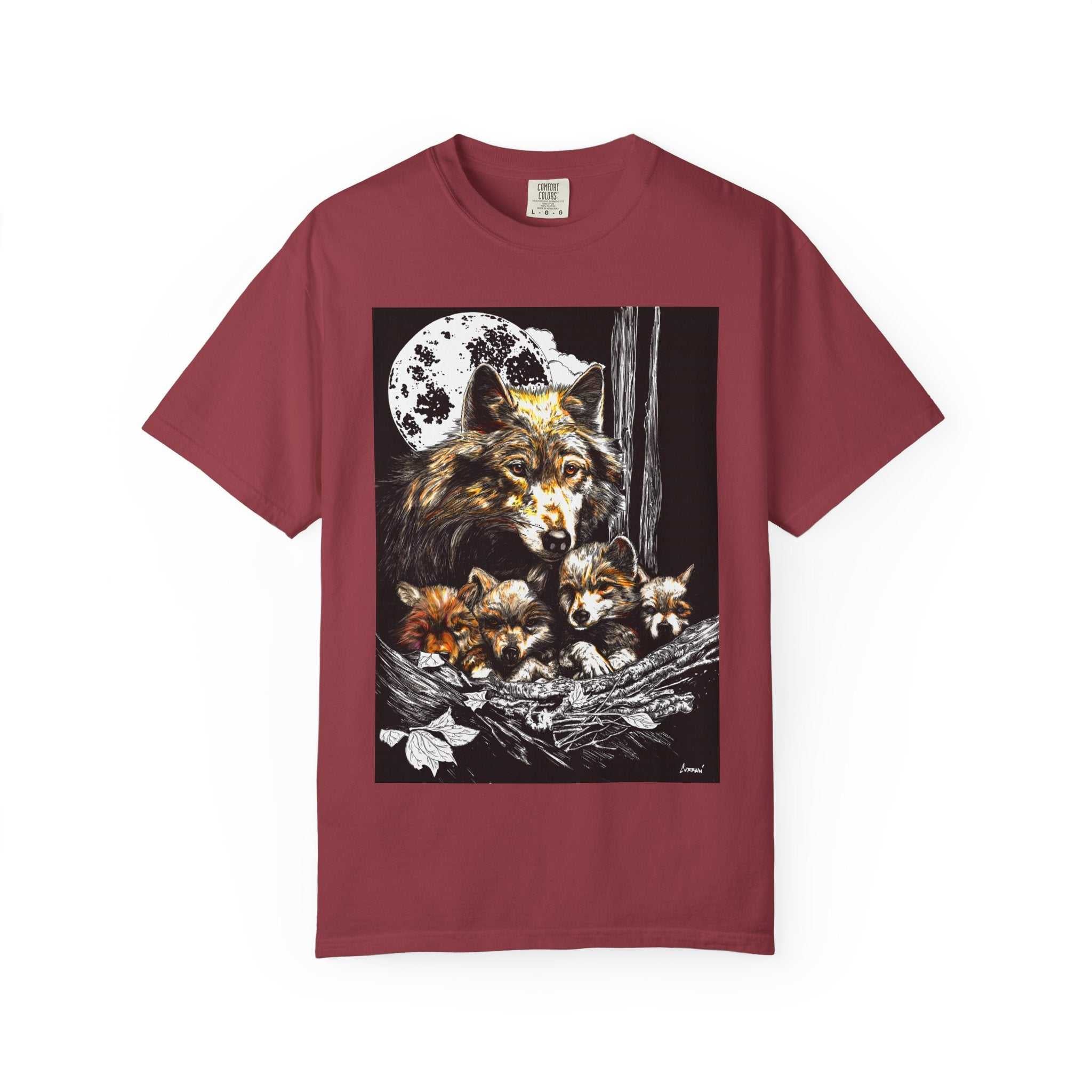 Experience nature inspired art with our exclusive Wolf Family Garment-Dyed T-Shirt - Nature Inspired Art. Stand out in style and connect with wildlife.