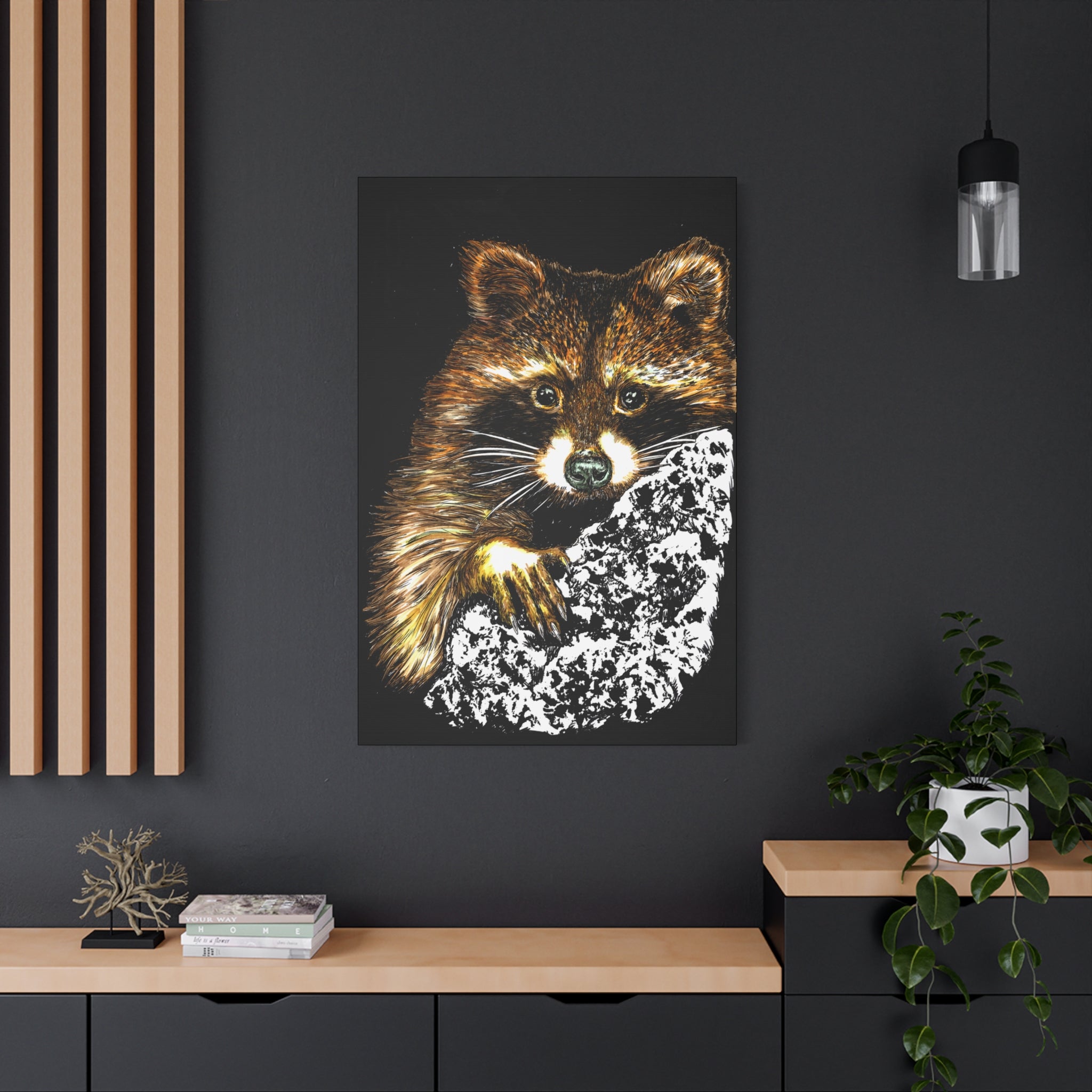 Raccoon in Tree Wall Art Canvas Print of the Original, hand drawn animal wall art poster of a Raccoon in a Tree by artist Kris Curran at Curran Artworks.