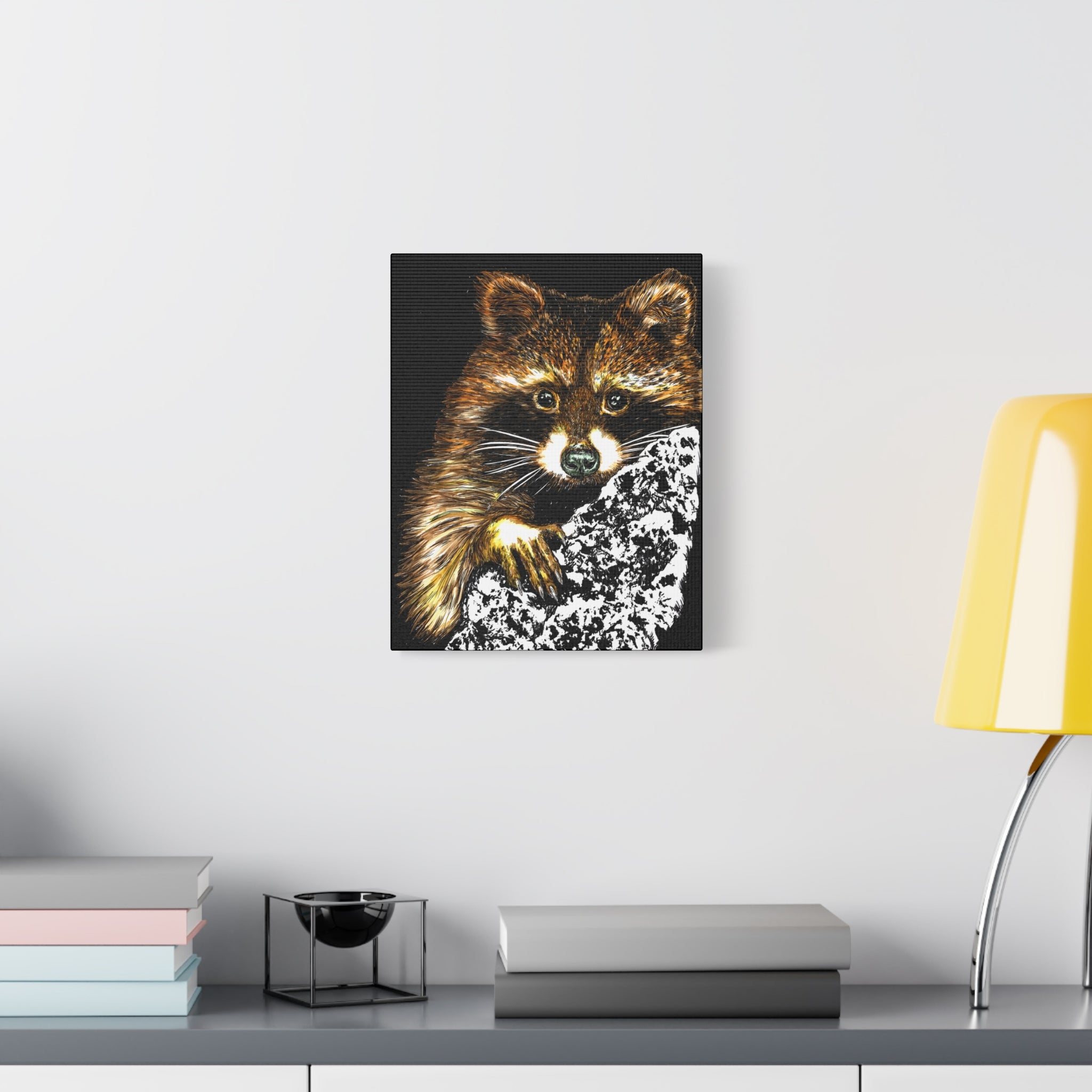 Raccoon in Tree Wall Art Canvas Print of the Original, hand drawn animal wall art poster of a Raccoon in a Tree by artist Kris Curran at Curran Artworks.