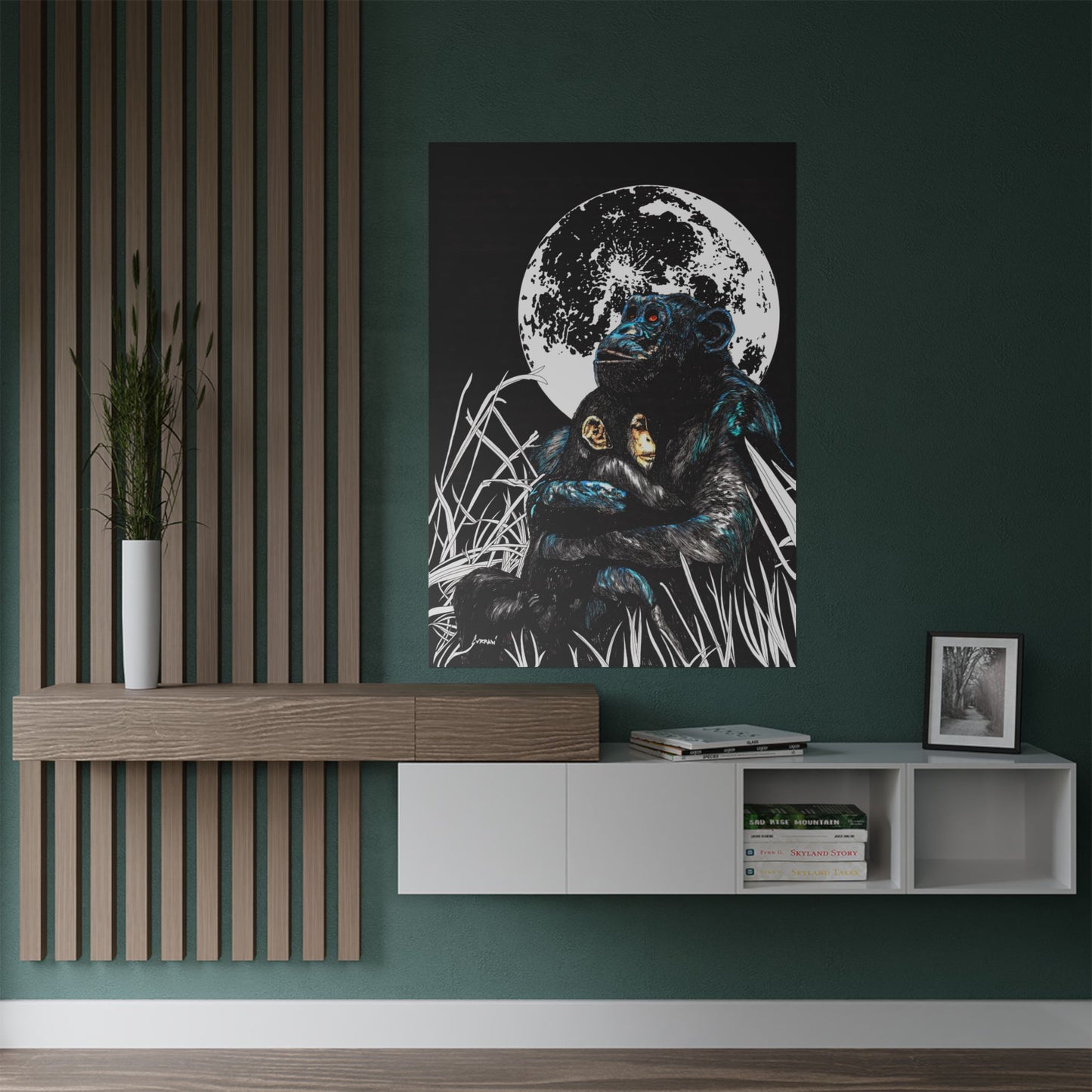 Satin Poster - Moonlit Chimpanzee Embrace Art Print