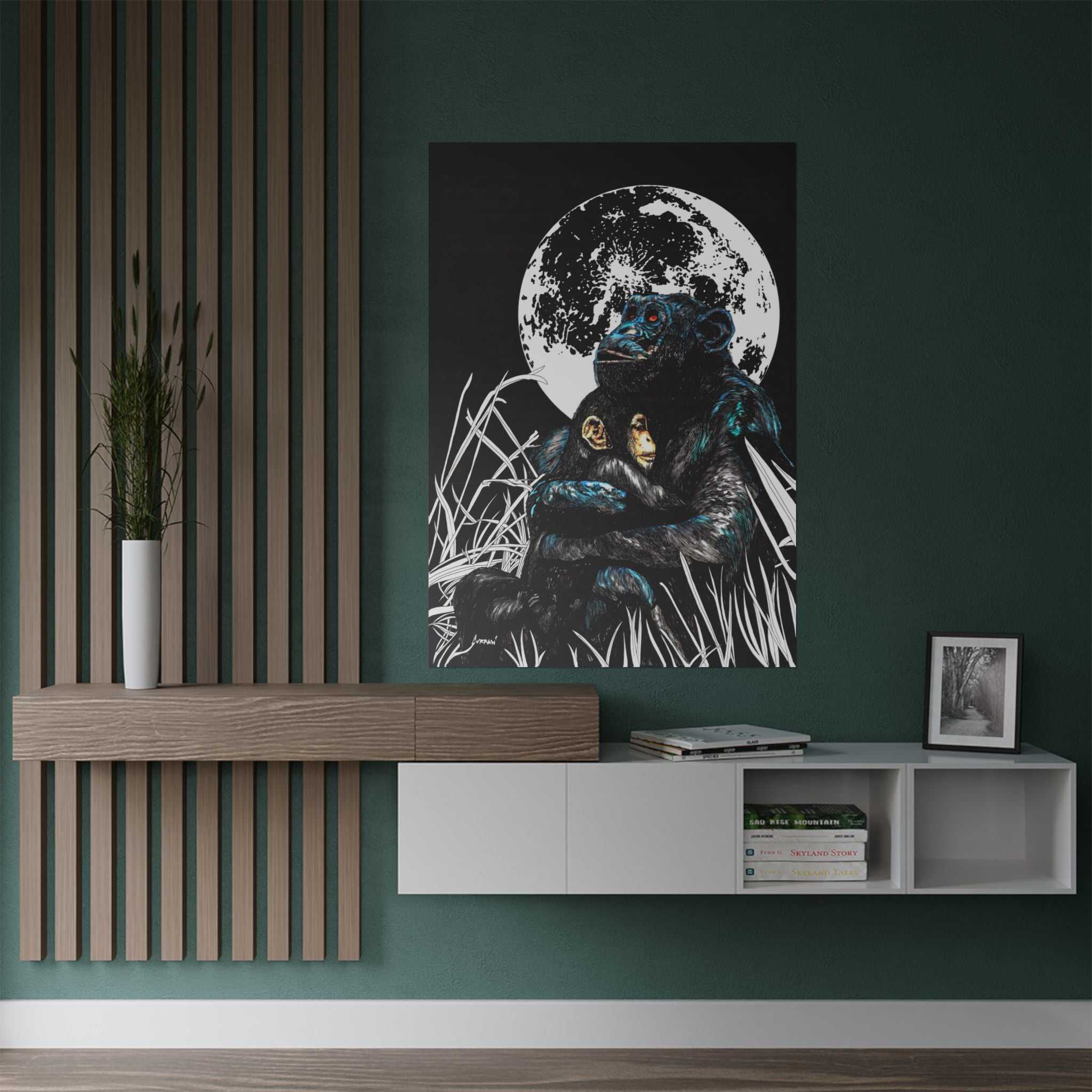 Satin Poster - Moonlit Gorilla and Child Embrace Art Print featuring the Hand Drawn, Original Animal Wall Art Poster by Kris Curran artist at Curran Artworks.