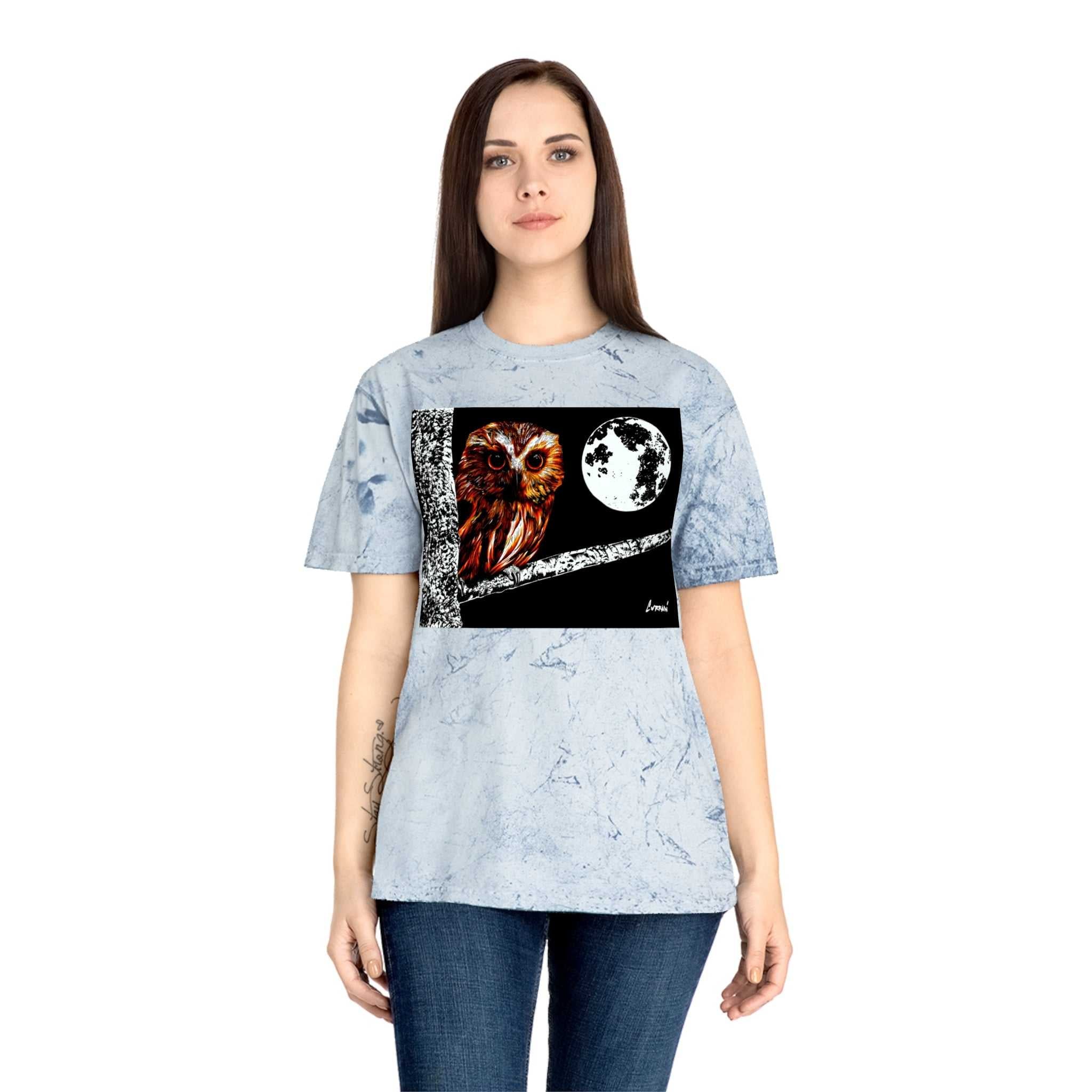 Owl on a Branch Color Blast T Shirt Original Hand Drawn Art