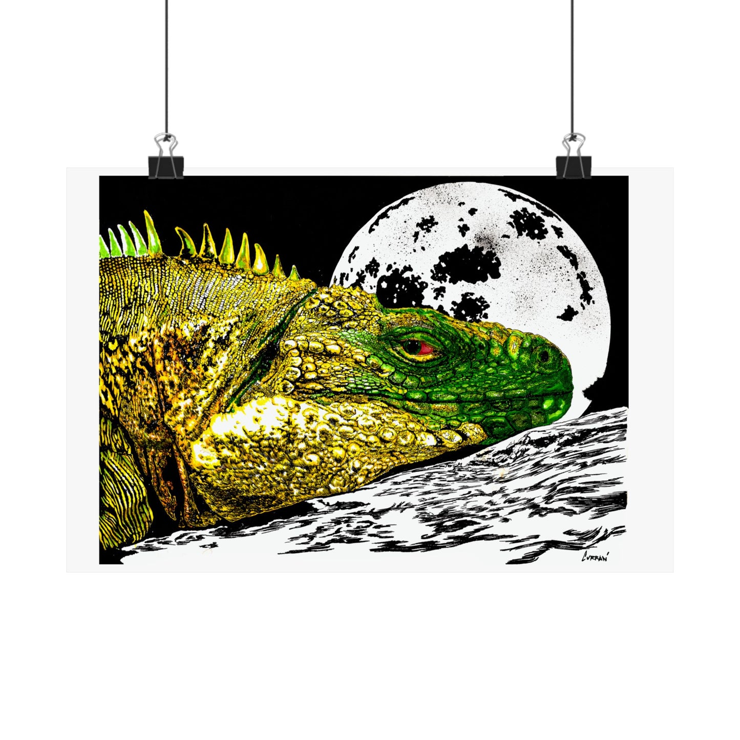 Vibrant Iguana Satin Poster - Moonlit Art Print for Nature Lovers