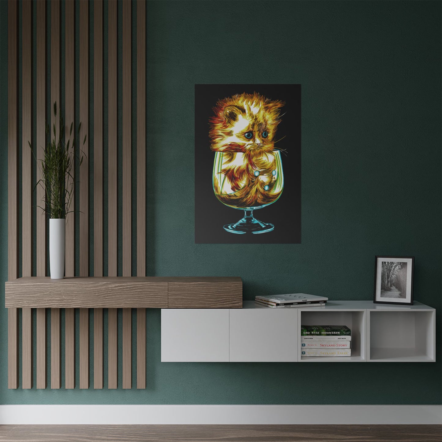 Whimsical Cat in Glass Satin Poster - 300gsm Art Print for Cat Lovers
