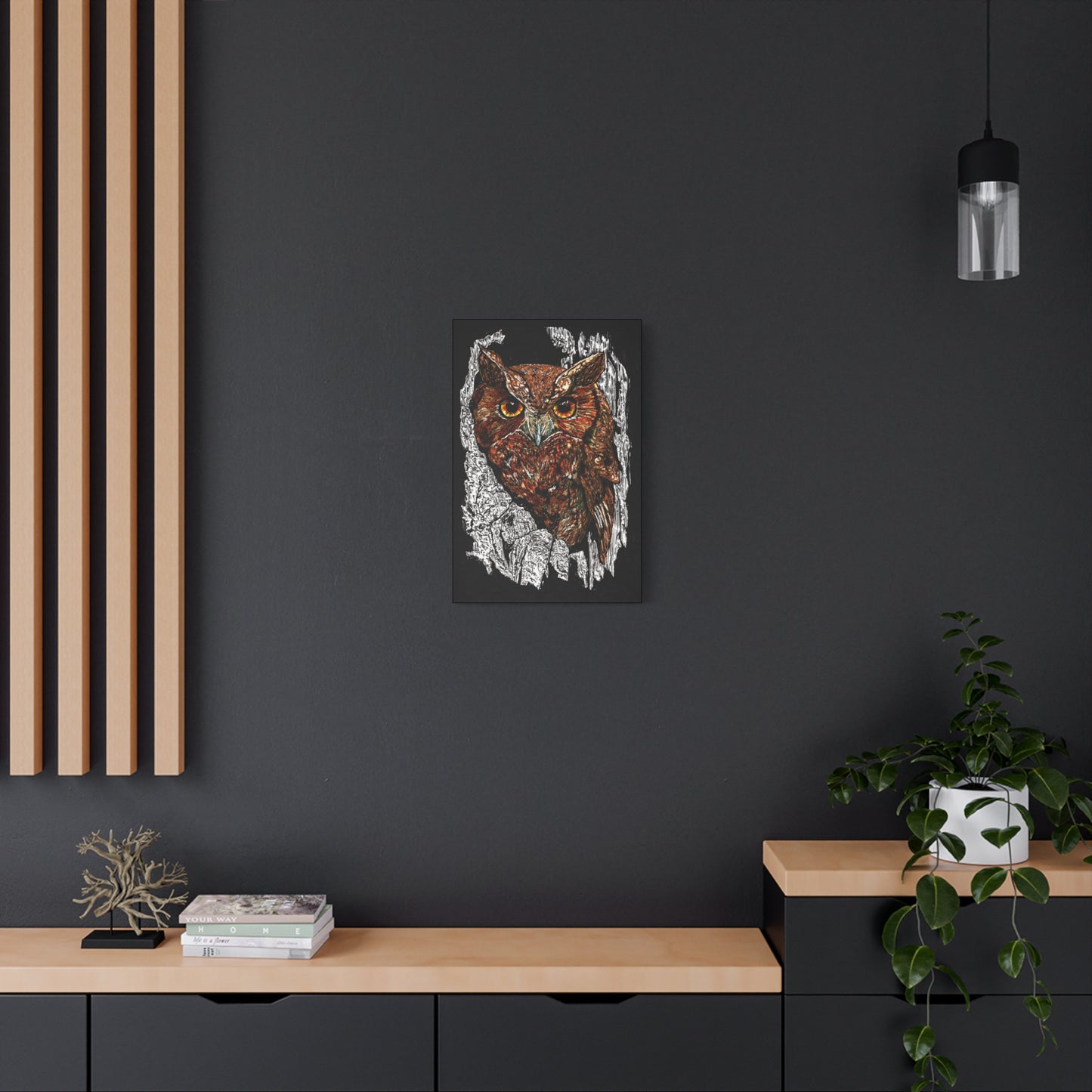 Owls in a Tree Wall Art Canvas Print of the Original, hand drawn wall art of an Owls in a Tree