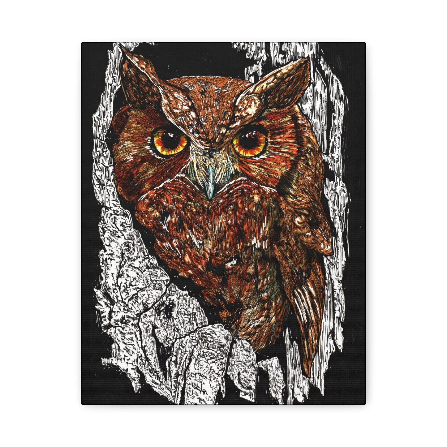 Owls in a Tree Wall Art Canvas Print of the Original, hand drawn wall art of an Owls in a Tree