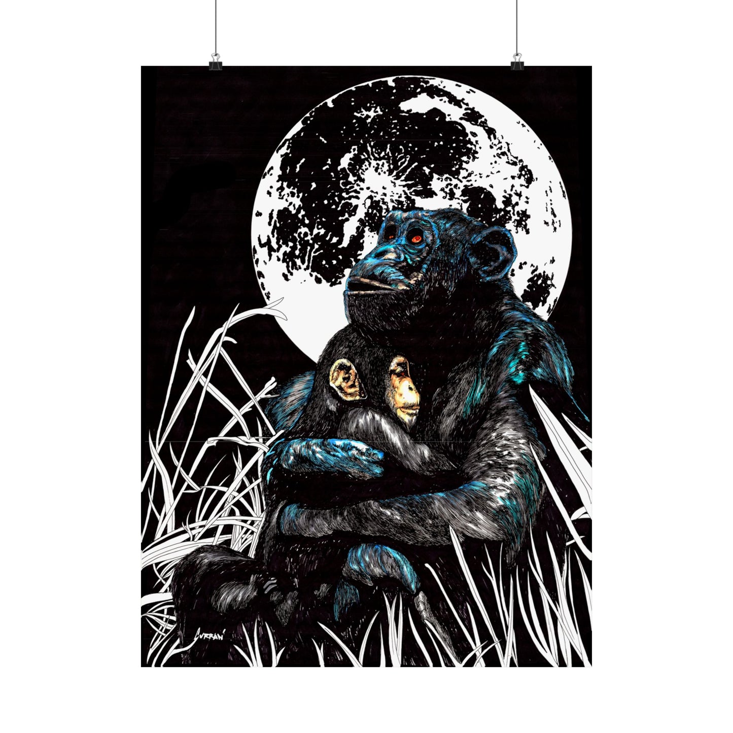 Satin Poster - Moonlit Chimpanzee Embrace Art Print