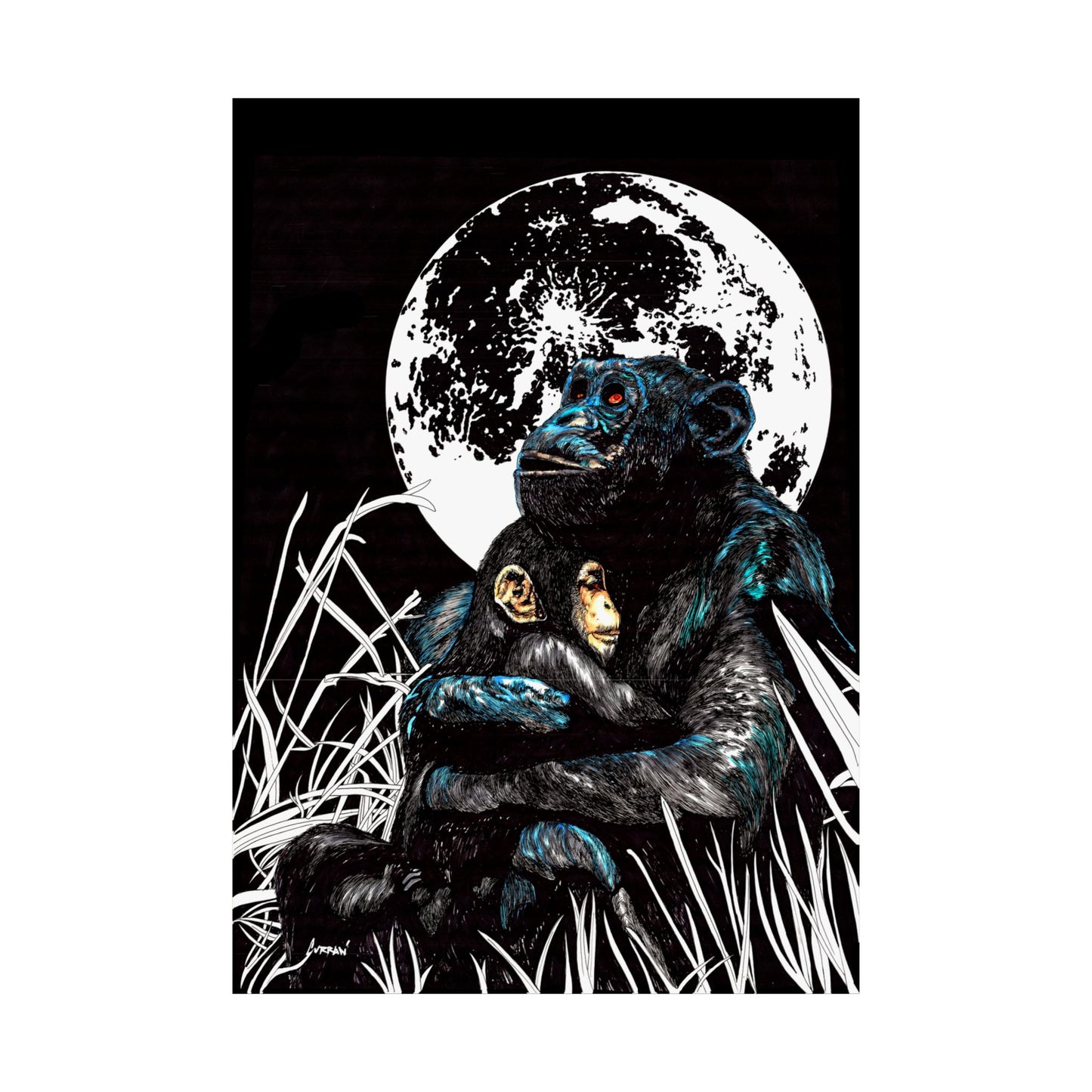 Satin Poster - Moonlit Chimpanzee Embrace Art Print