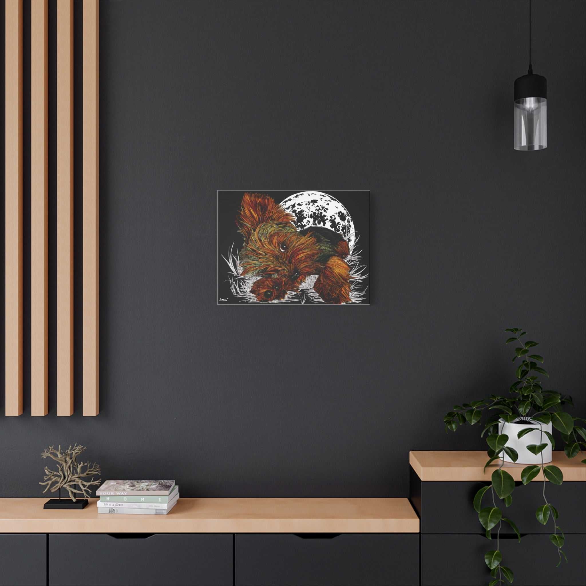 Bring a touch of charm to your walls with this adorable Yorkie Terrier Canvas Print - Cozy Yorkie with Moon Design. Perfect for dog lovers!