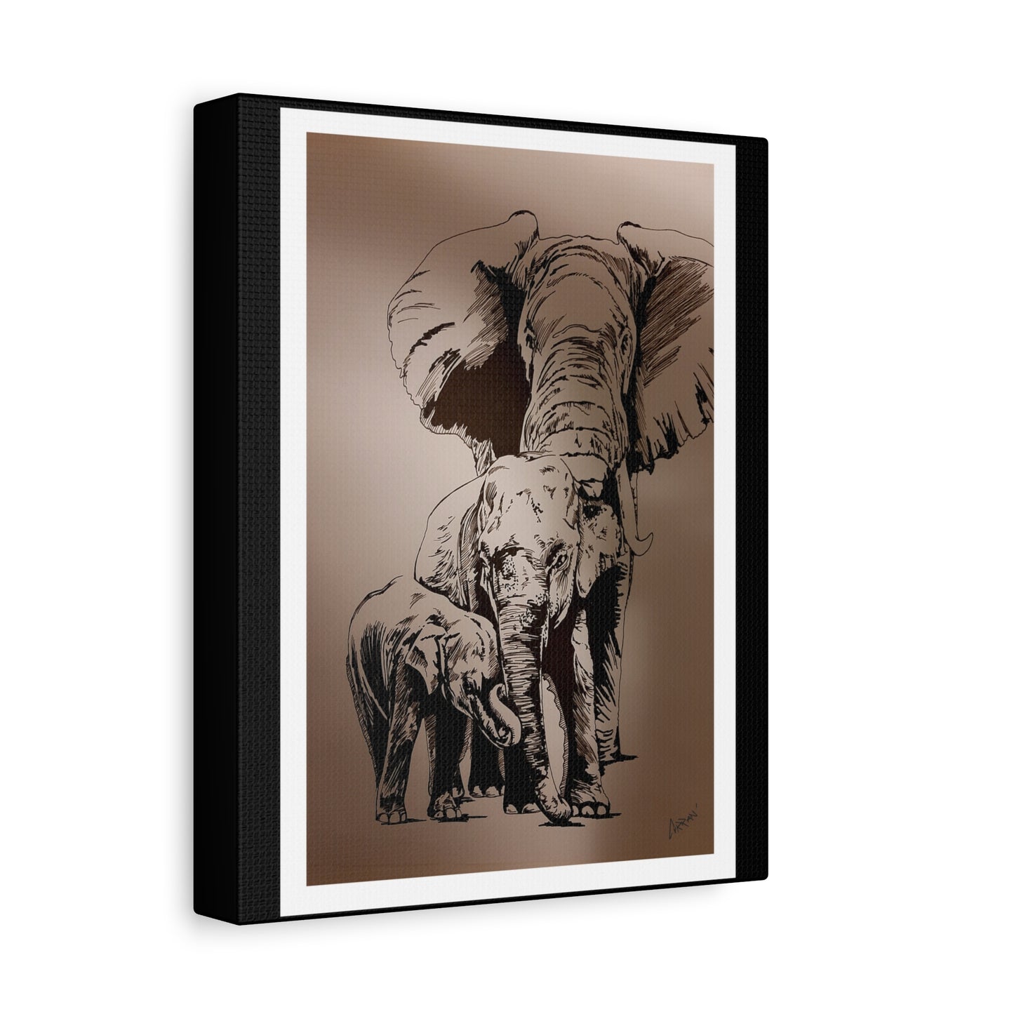 Title: Elephant Family Wall Art, Elephant Print, Wildlife Art, Hand-Drawn Elephant, Safari Wall Decor, Animal Lover Gift, Nature Art. Printed on Matte Canvas, Stretched, 1.25"