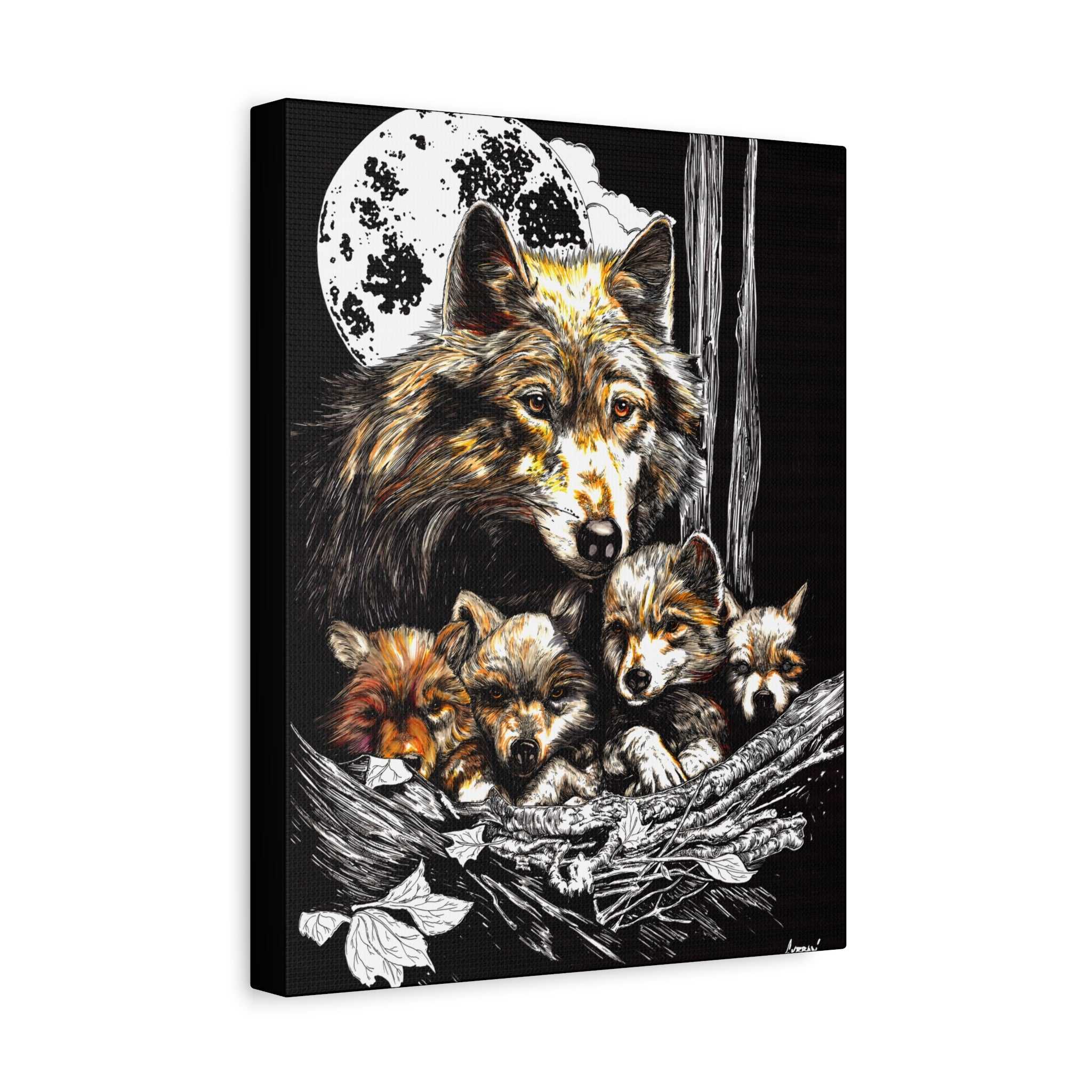 Wolf Wall Art, Wolf Print, Hand-Drawn Wolves, Wildlife Art, Wolf and Cubs, Nature Wall Decor, Animal Lover Gift, Woodland Art Printed on Matte Canvas,