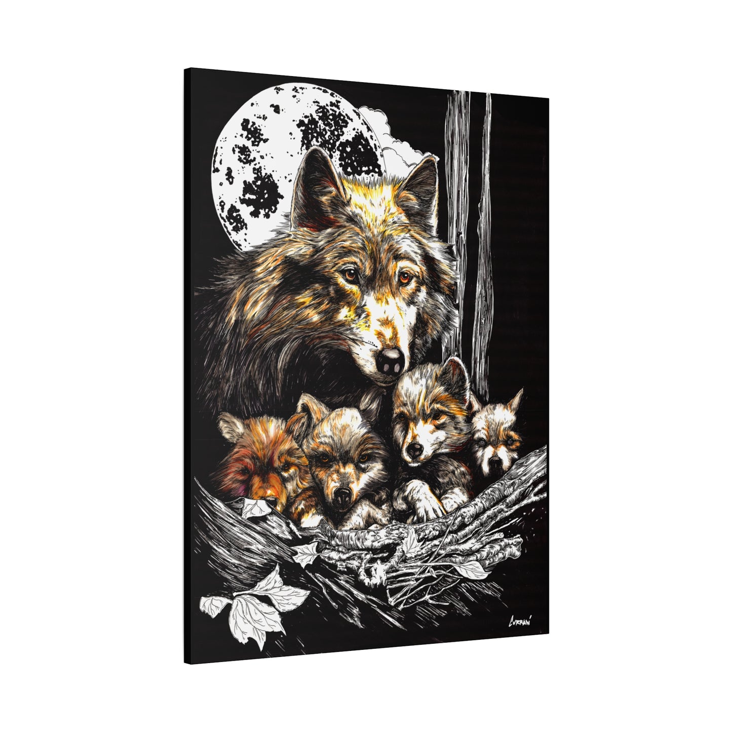 Wolf Wall Art, Wolf Print, Hand-Drawn Wolves, Wildlife Art, Wolf and Cubs, Nature Wall Decor, Animal Lover Gift, Woodland Art Printed on Matte Canvas, Stretched, 1.25"