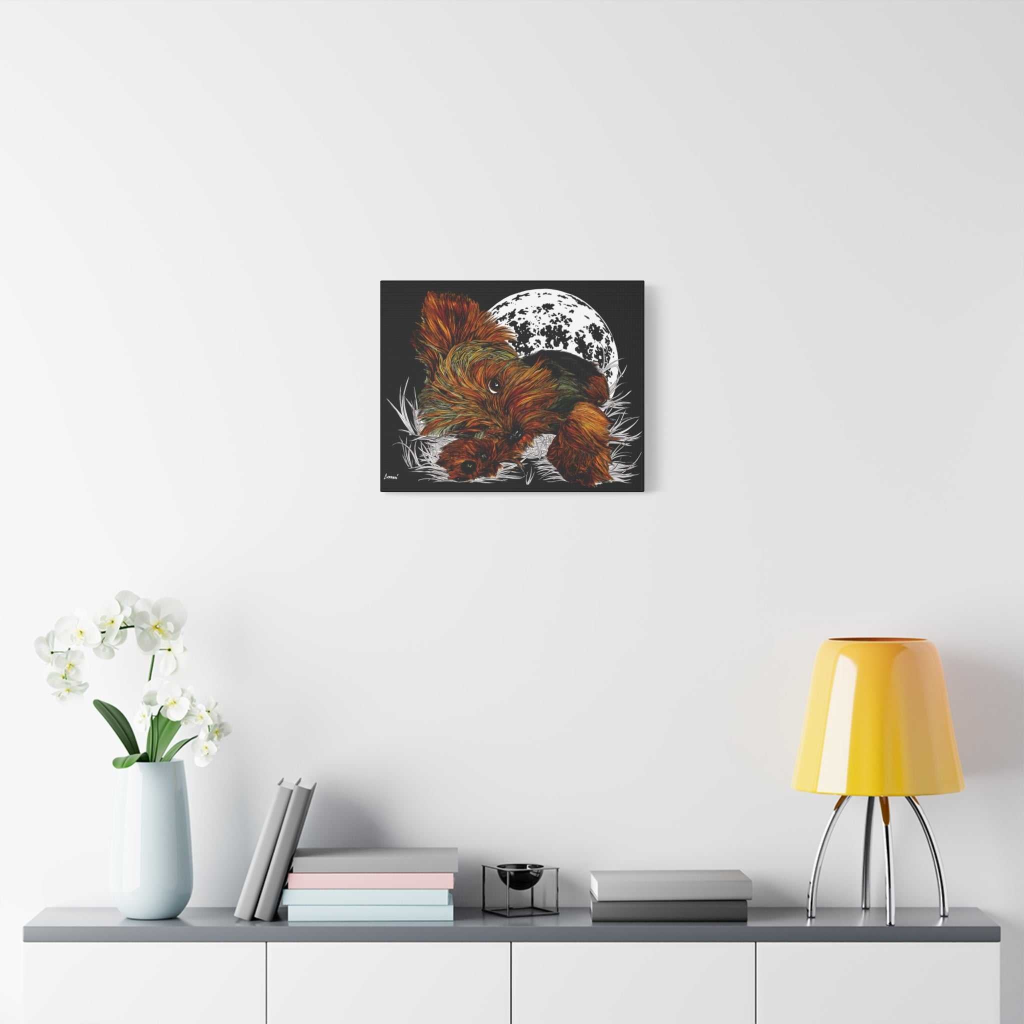 Bring a touch of charm to your walls with this adorable Yorkie Terrier Canvas Print - Cozy Yorkie with Moon Design. Perfect for dog lovers!