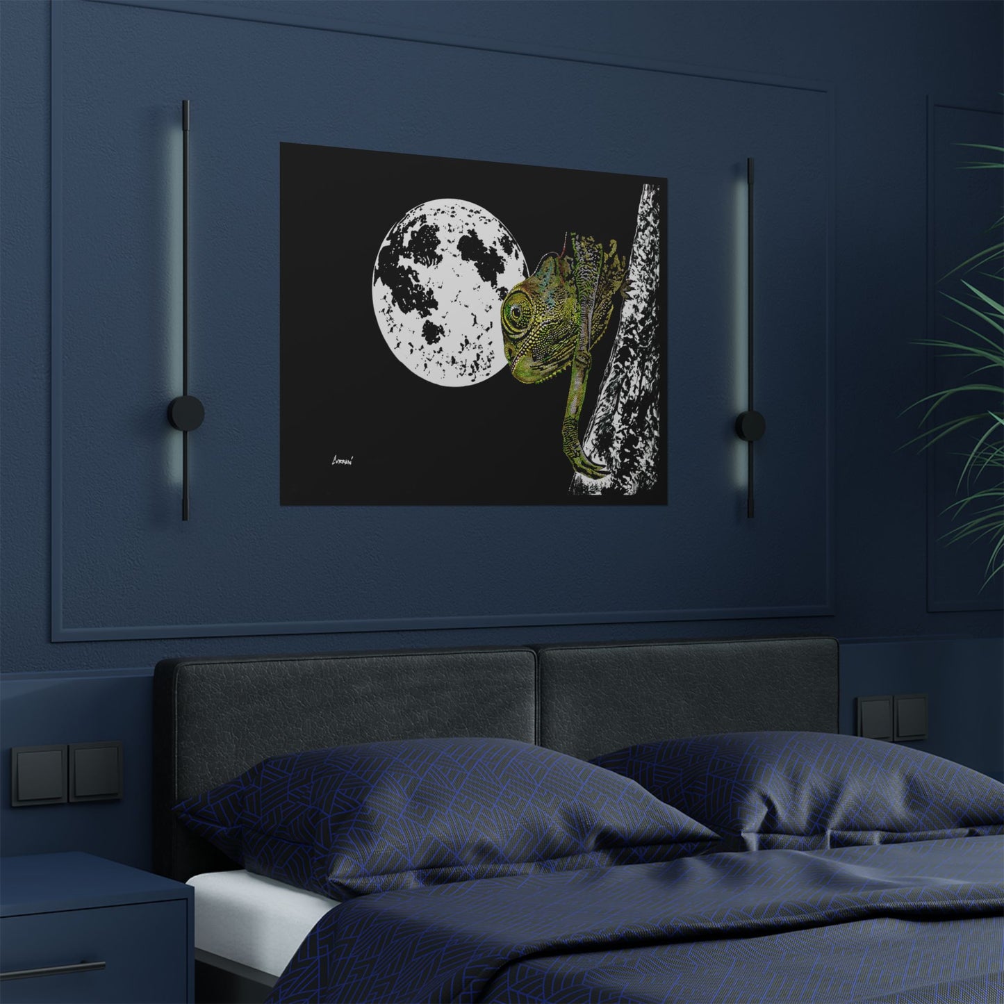 Moonlit Chameleon Satin Poster - 300gsm Art Print for Unique Home Decor