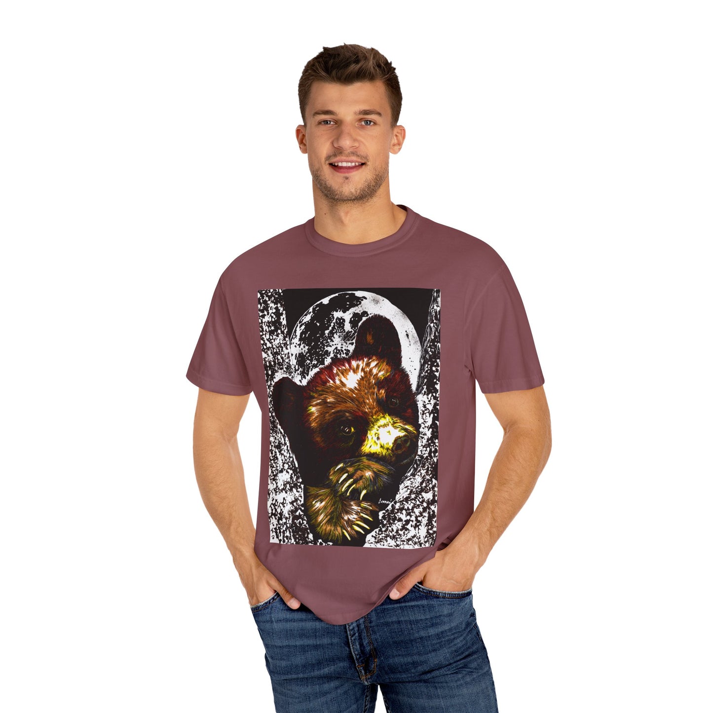 Moonlit Brown Bear Cub Unisex Garment-Dyed T-Shirt | Nature-Inspired Apparel