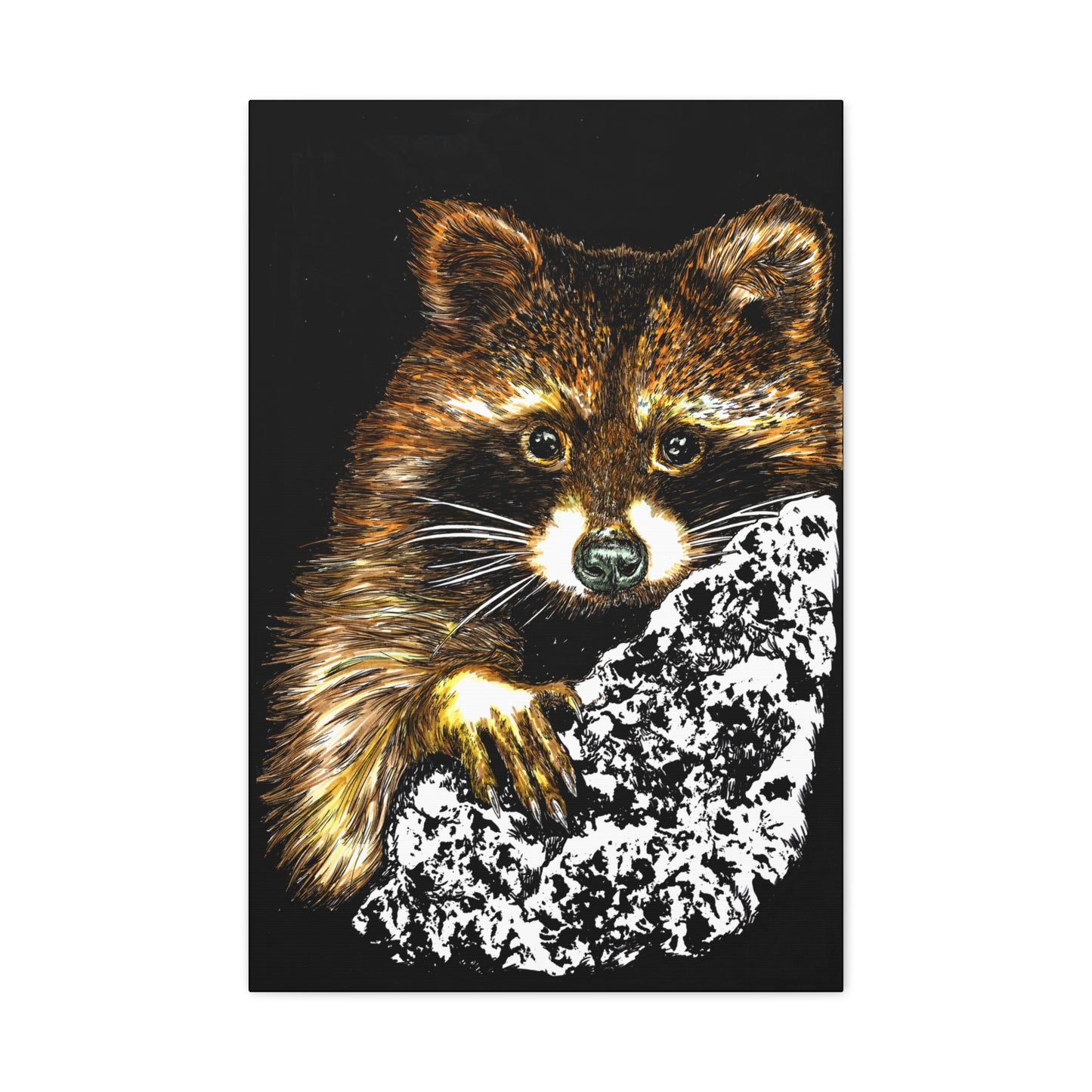 Raccoon in Tree Wall Art Canvas Print of the Original, hand drawn wall art of a Raccoon in a Tree