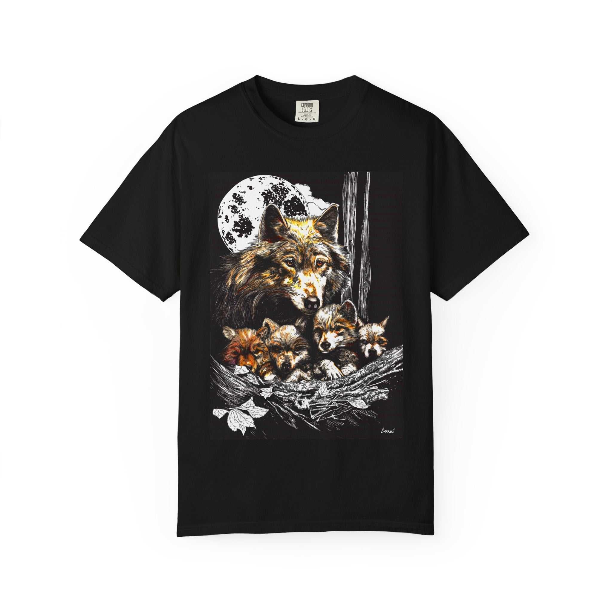 Experience nature inspired art with our exclusive Wolf Family Garment-Dyed T-Shirt - Nature Inspired Art. Stand out in style and connect with wildlife.