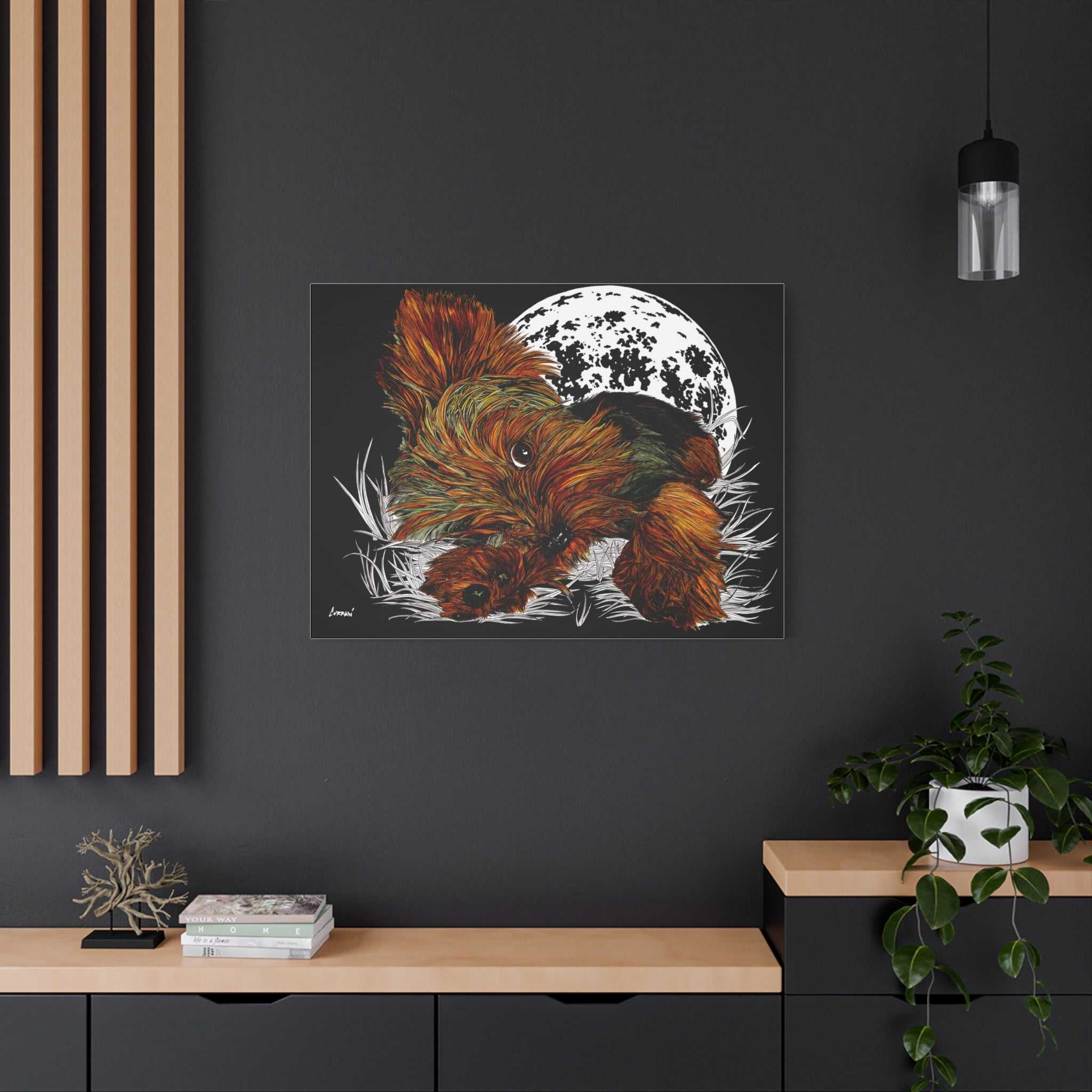 Bring a touch of charm to your walls with this adorable Yorkie Terrier Canvas Print - Cozy Yorkie with Moon Design. Perfect for dog lovers!