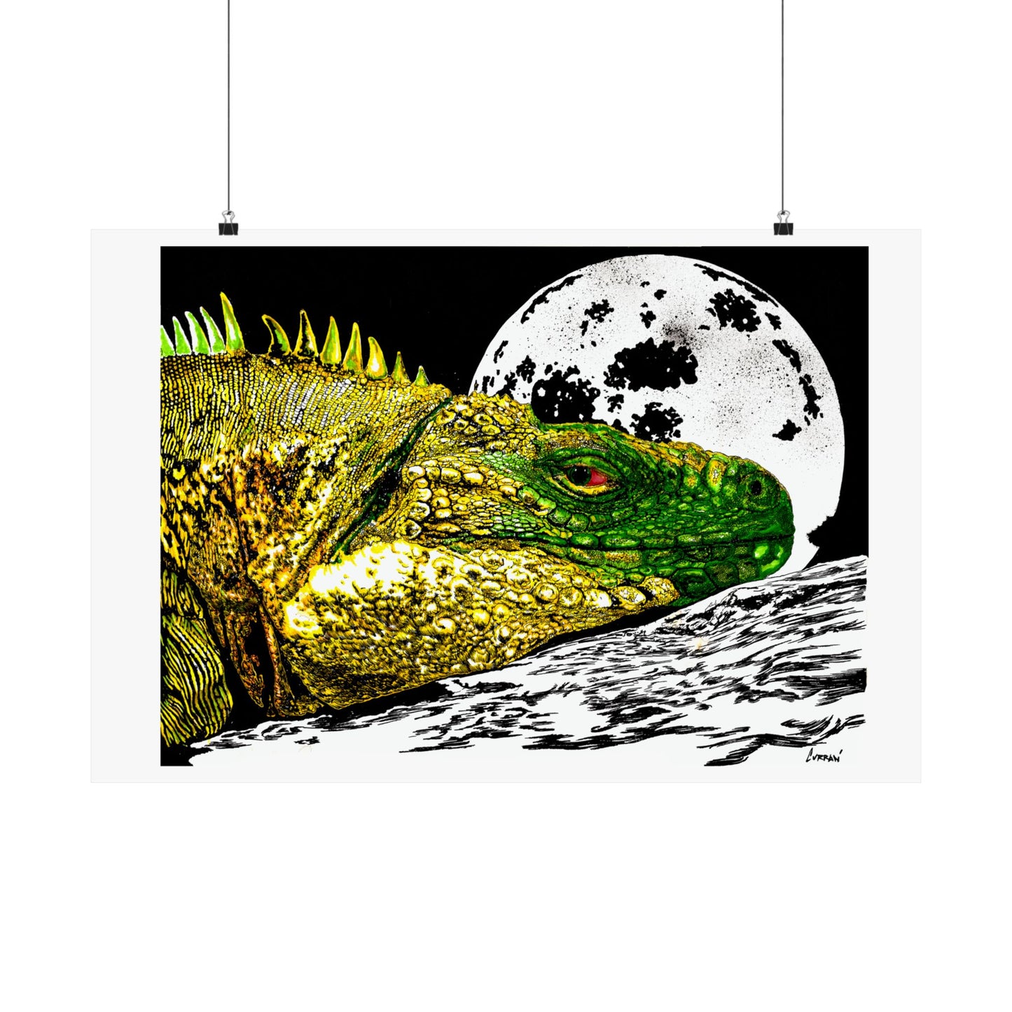 Vibrant Iguana Satin Poster - Moonlit Art Print for Nature Lovers