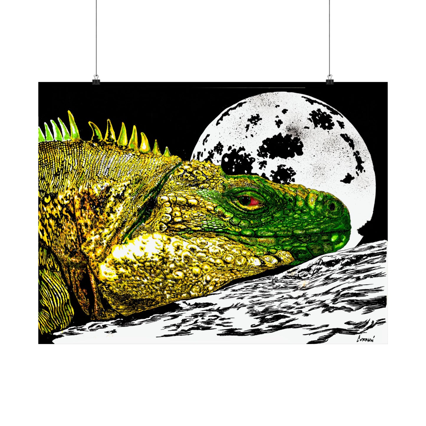 Vibrant Iguana Satin Poster - Moonlit Art Print for Nature Lovers