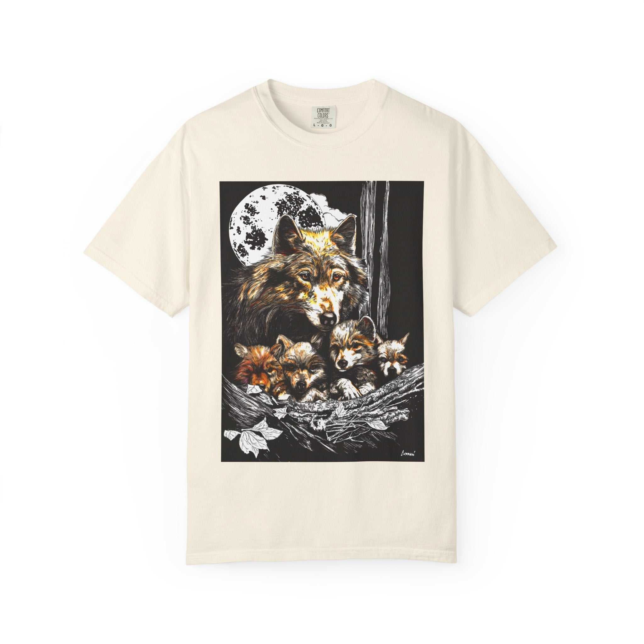 Experience nature inspired art with our exclusive Wolf Family Garment-Dyed T-Shirt - Nature Inspired Art. Stand out in style and connect with wildlife.