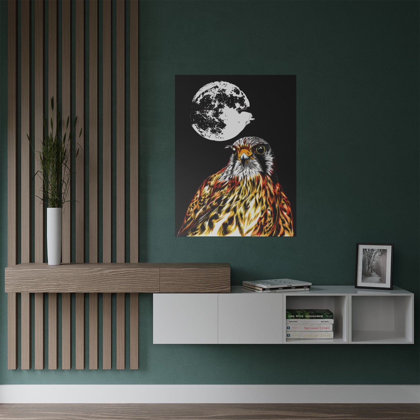 Wildlife Satin Poster - Majestic Falcon with Moon Design