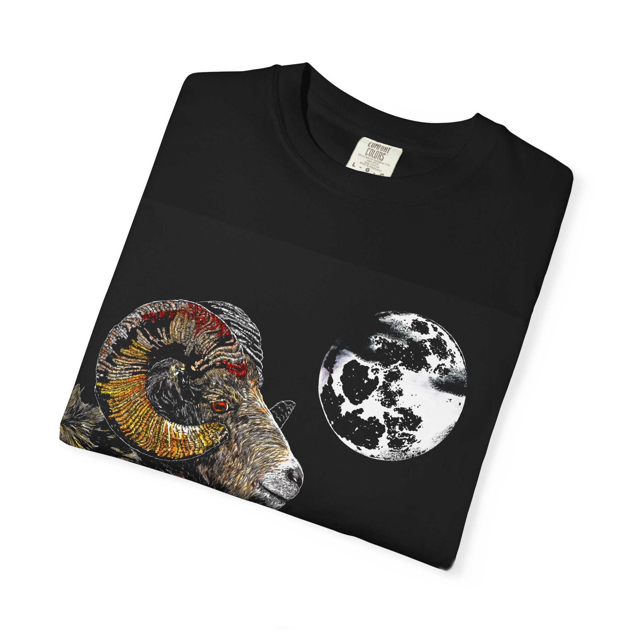 Elevate your style with our Mountain Ram and Moon Graphic Unisex T-Shirt, Nature-Inspired Artwear. Stand out with this unique piece now!