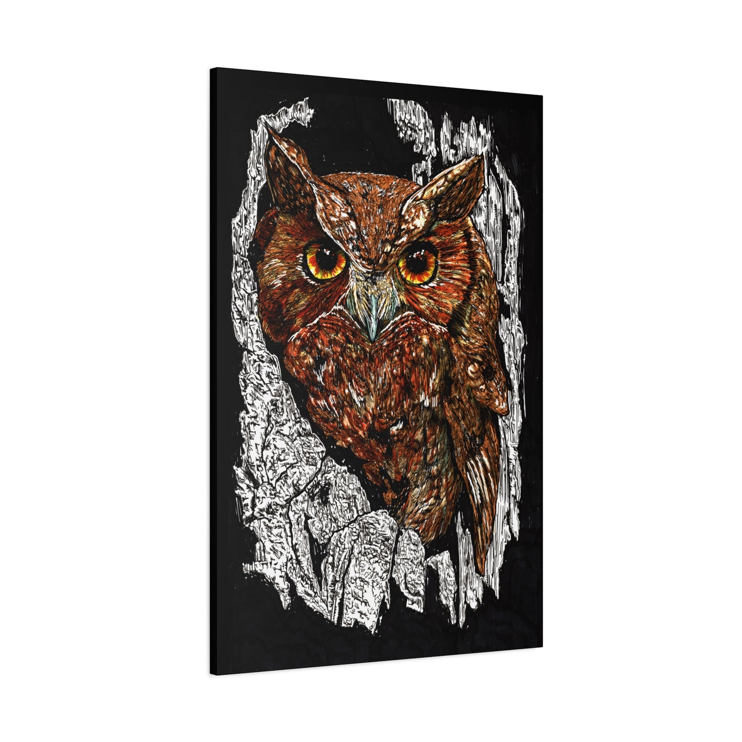 Owls in a Tree Wall Art Canvas Print of the Original, hand drawn wall art of an Owls in a Tree