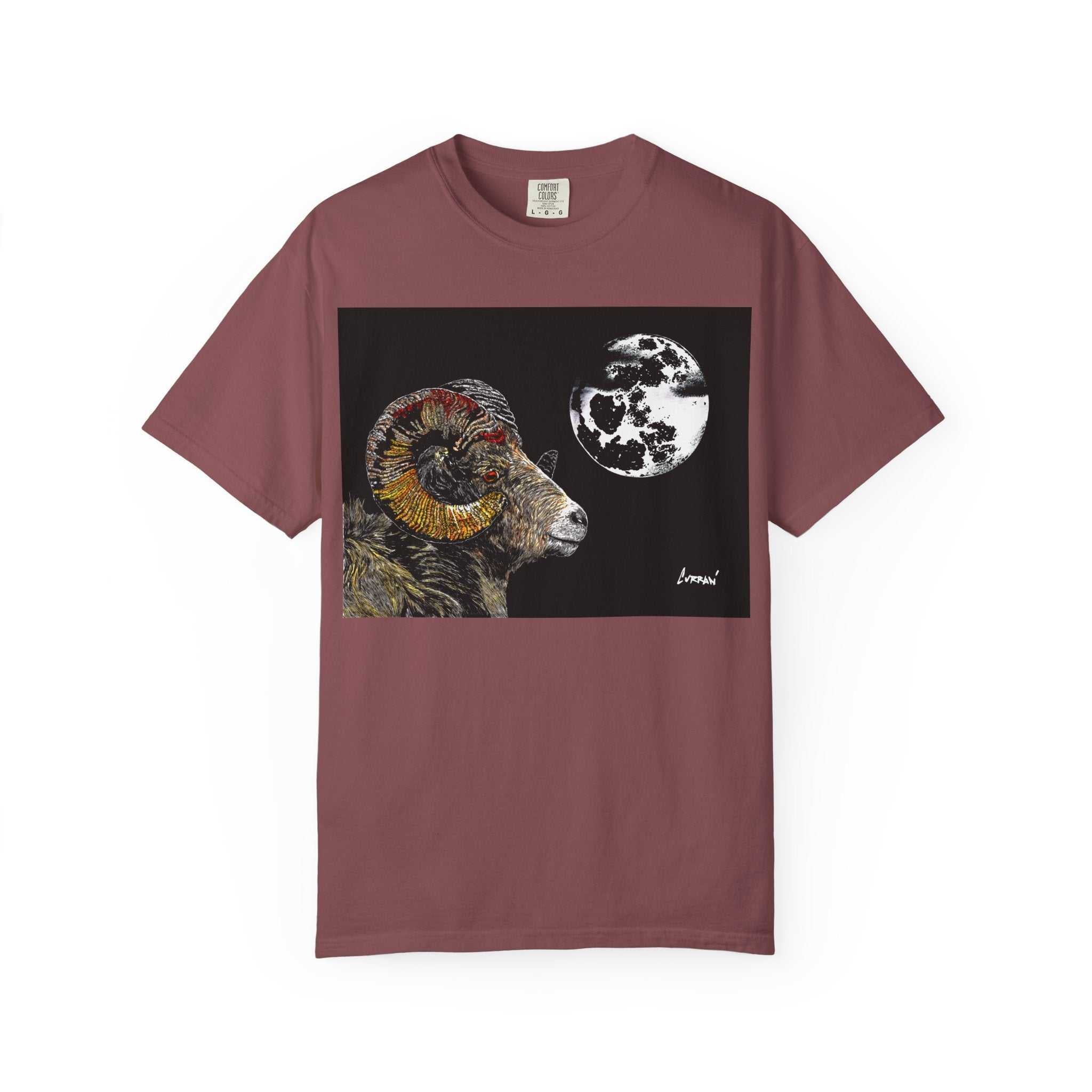 Elevate your style with our Mountain Ram and Moon Graphic Unisex T-Shirt, Nature-Inspired Artwear. Stand out with this unique piece now!