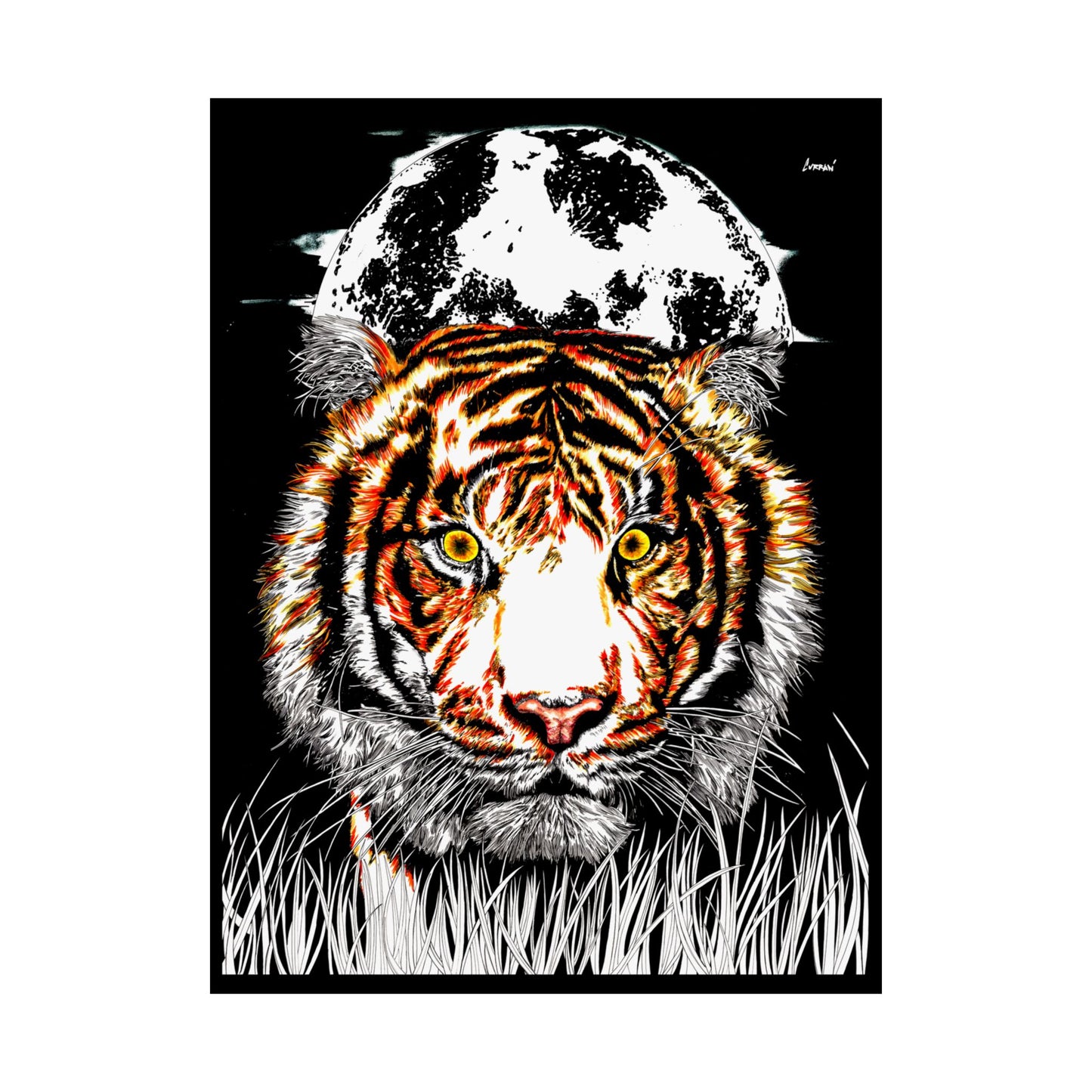 Majestic Tiger Satin Poster - 300gsm Art Print with Moon Design
