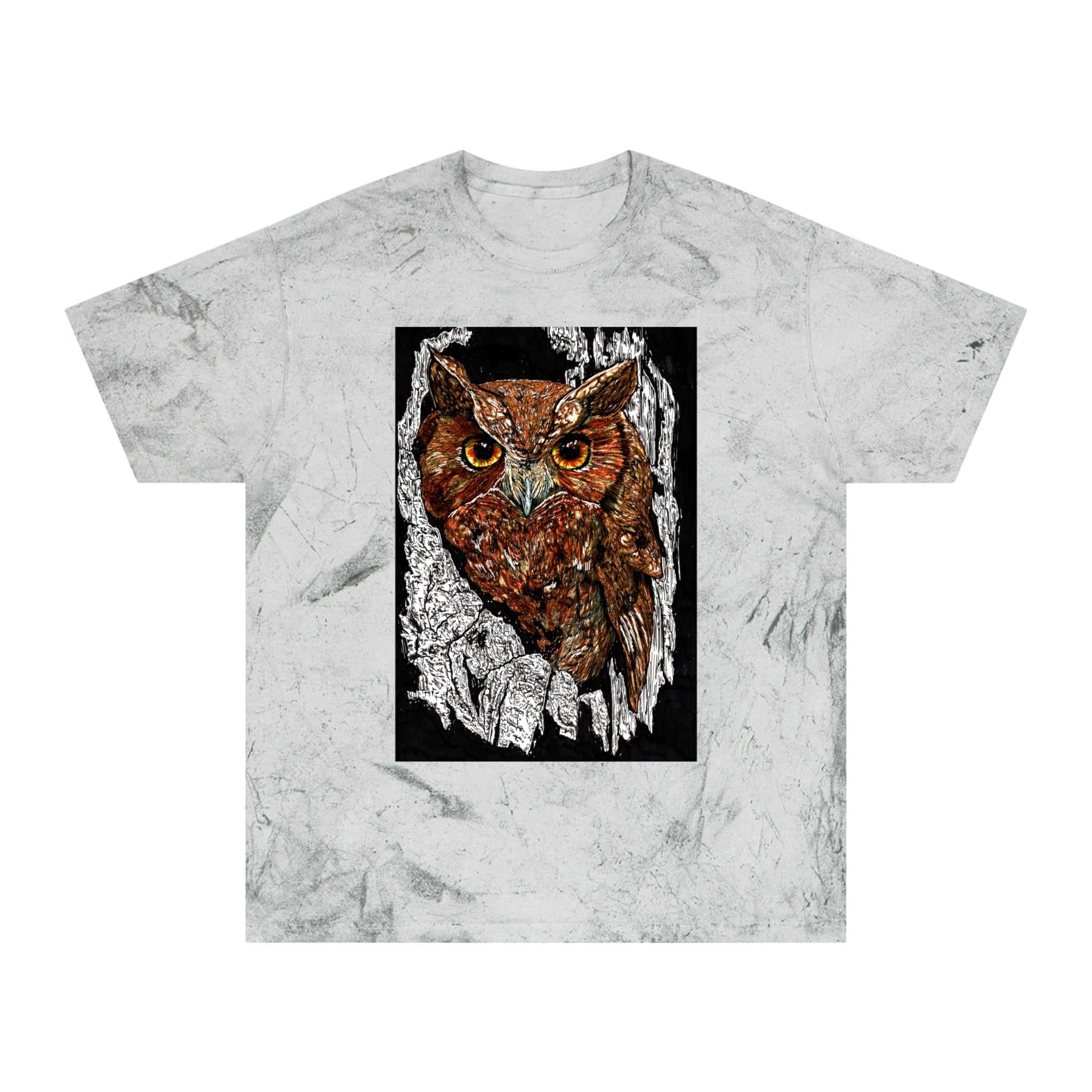 Owl in a Tree Color Blast T Shirt Original Hand Drawn Art