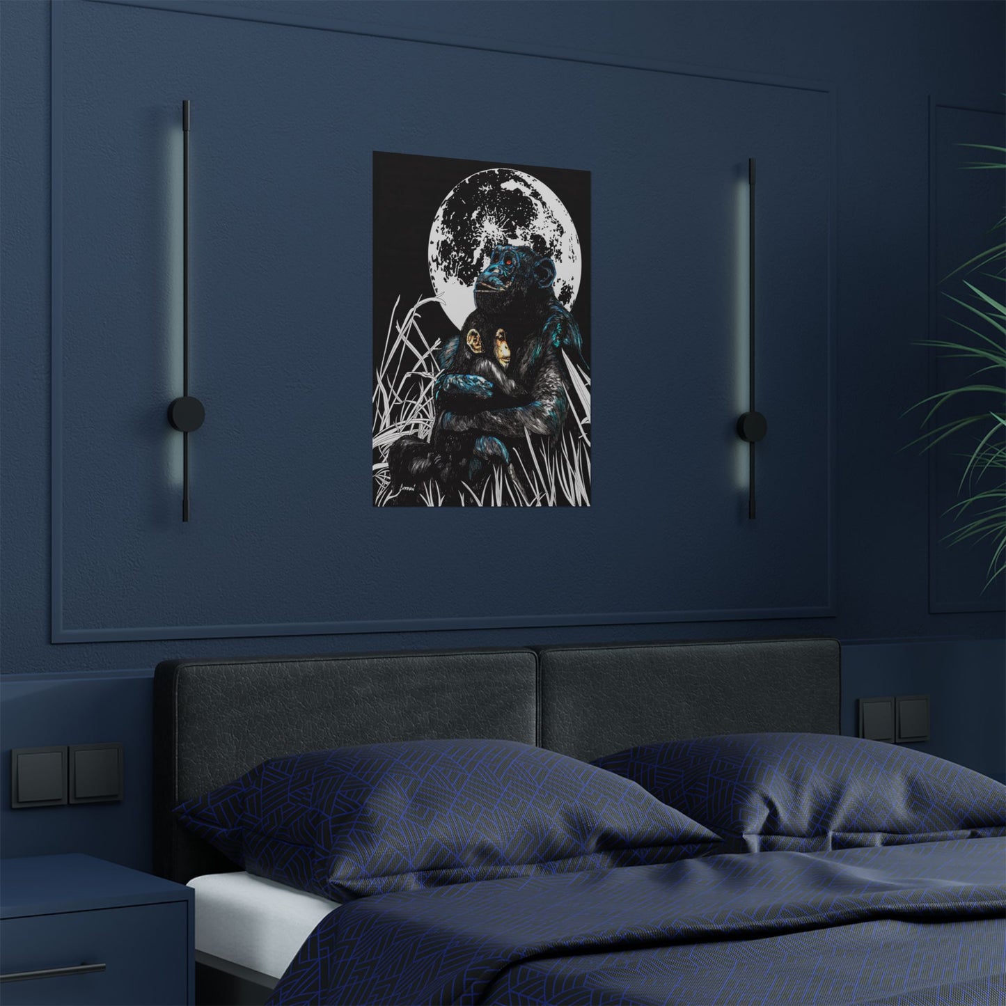 Satin Poster - Moonlit Chimpanzee Embrace Art Print