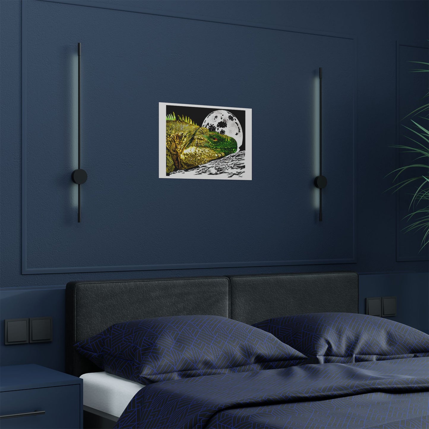 Vibrant Iguana Satin Poster - Moonlit Art Print for Nature Lovers