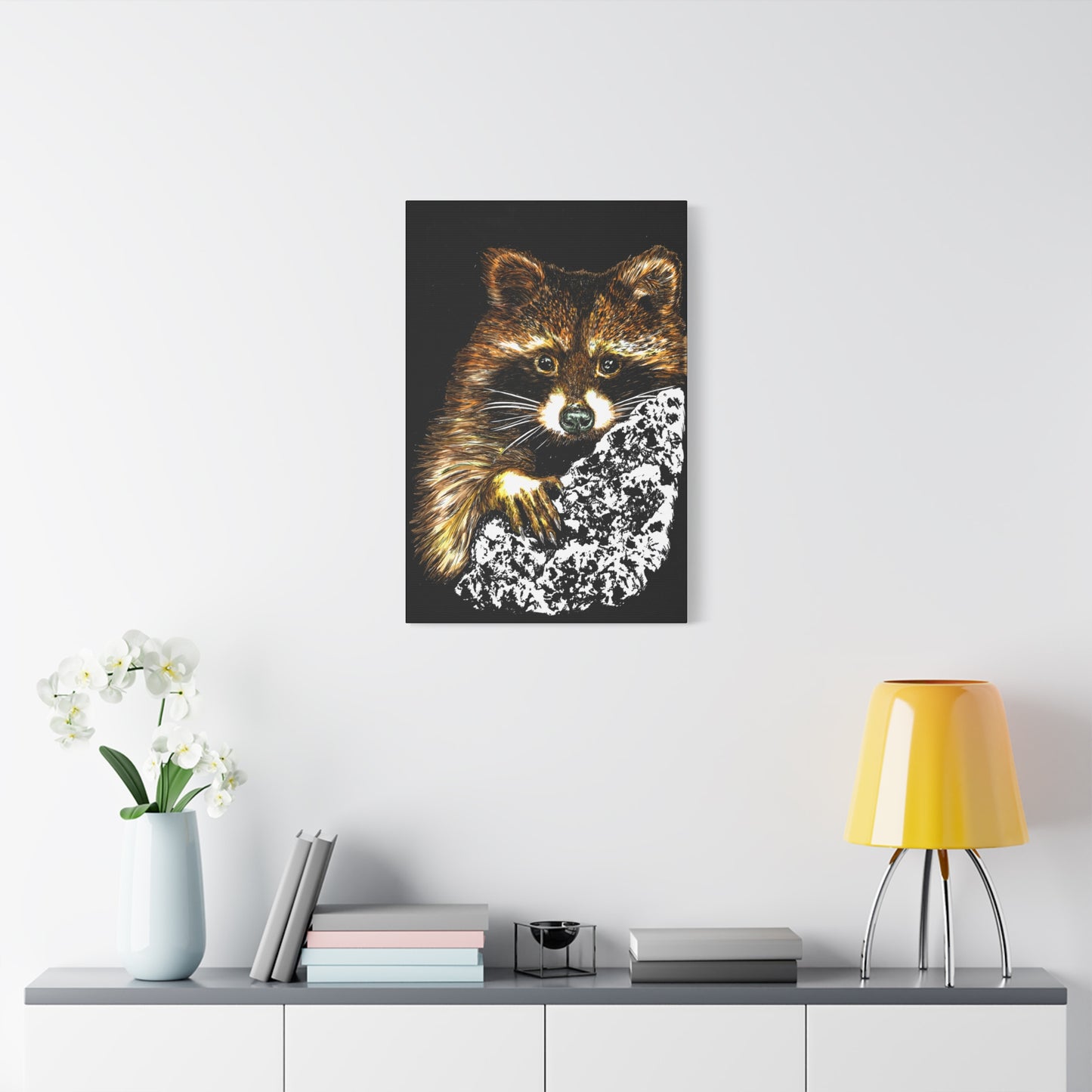 Raccoon in Tree Wall Art Canvas Print of the Original, hand drawn wall art of a Raccoon in a Tree