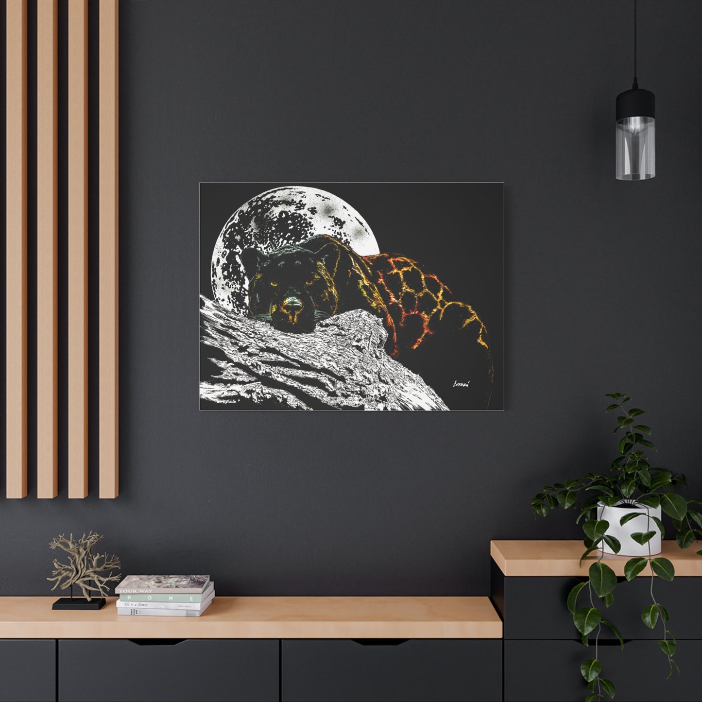 Panther in the Moonlight Print of my Original hand drawn art printed on stretched canvas of a Panther in the Moonlight