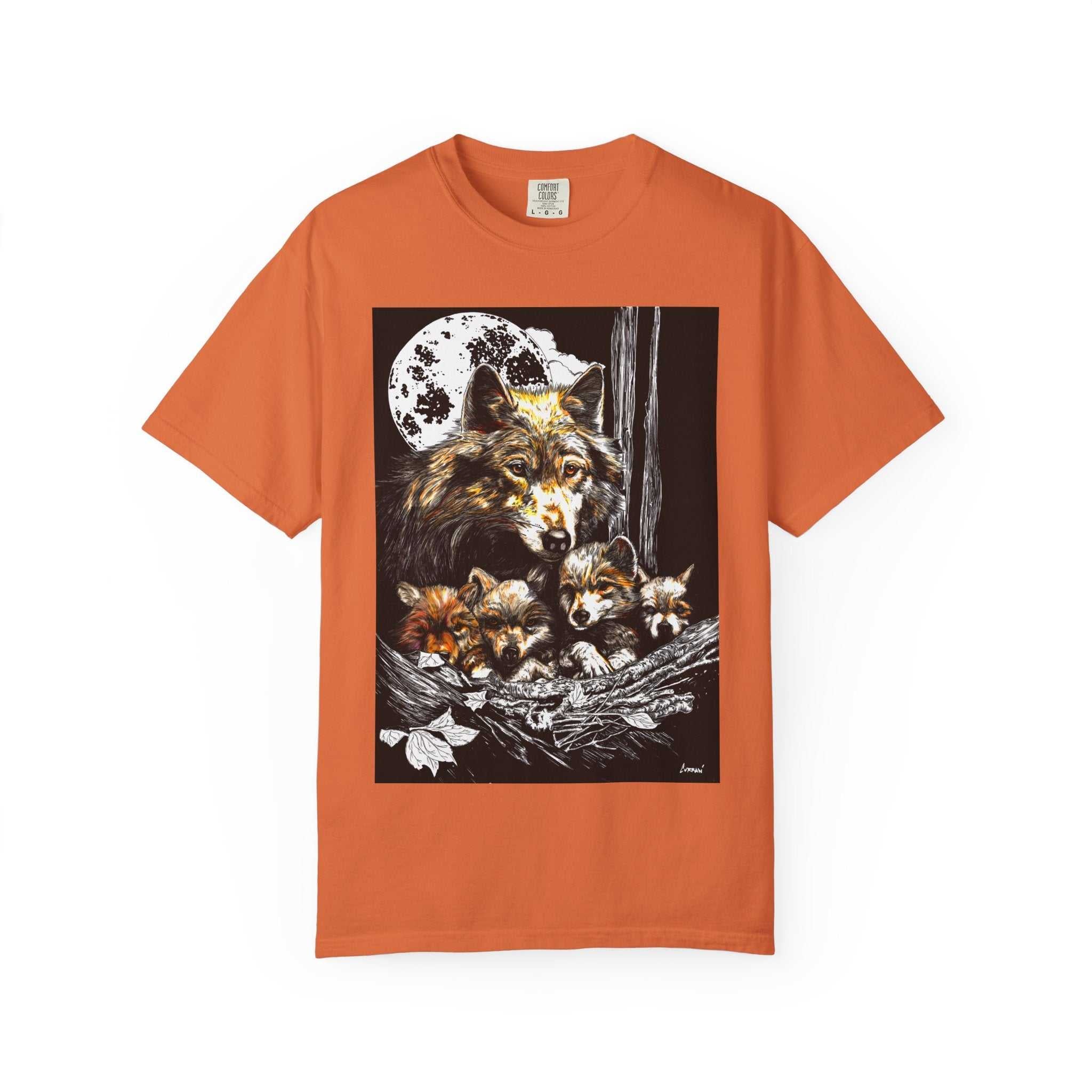 Experience nature inspired art with our exclusive Wolf Family Garment-Dyed T-Shirt - Nature Inspired Art. Stand out in style and connect with wildlife.