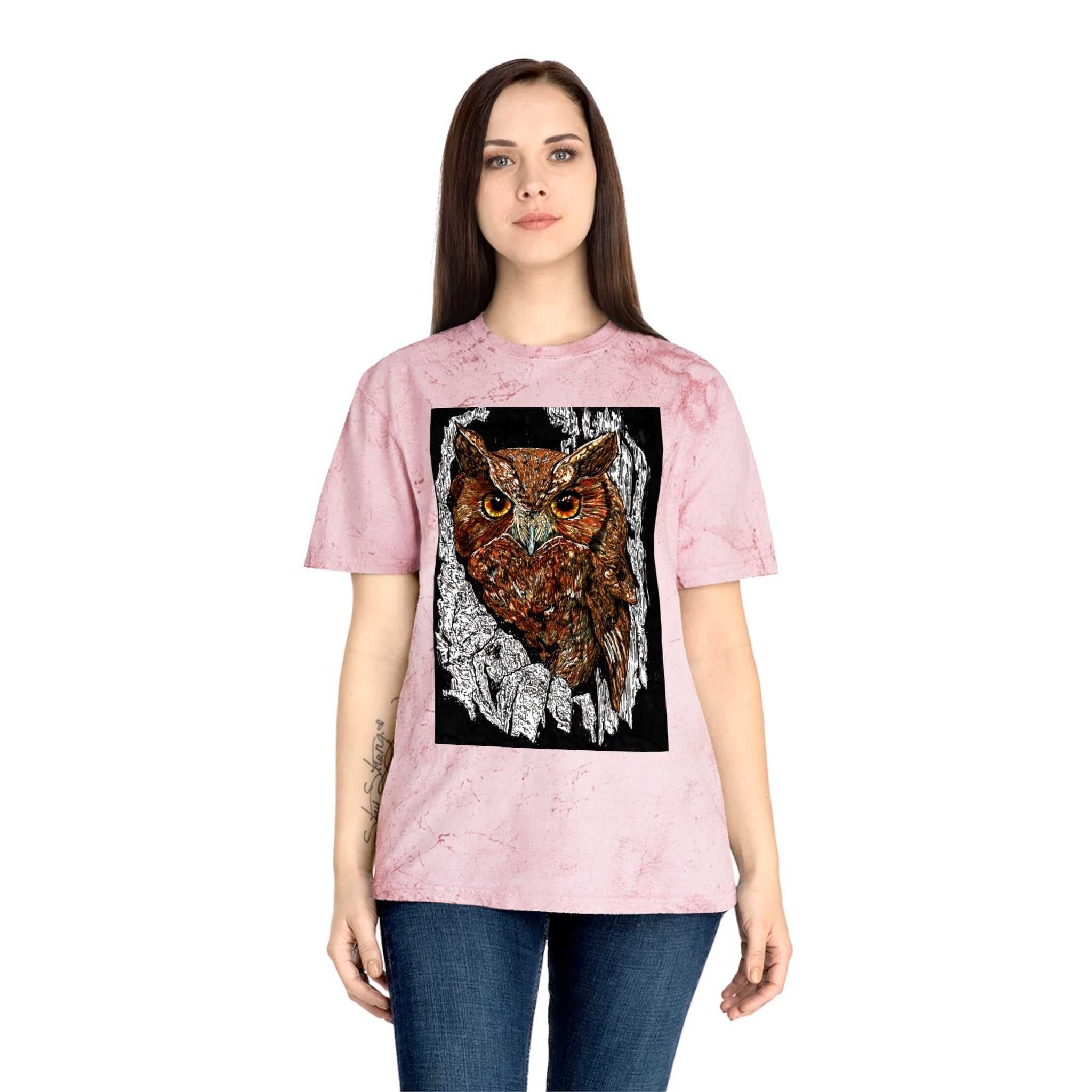 Owl in a Tree Color Blast T Shirt Original Hand Drawn Art