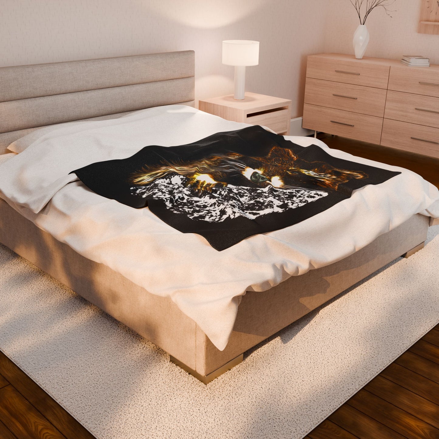 Raccoon illustration on black background, featured on a plush blanket designed for animal lovers.