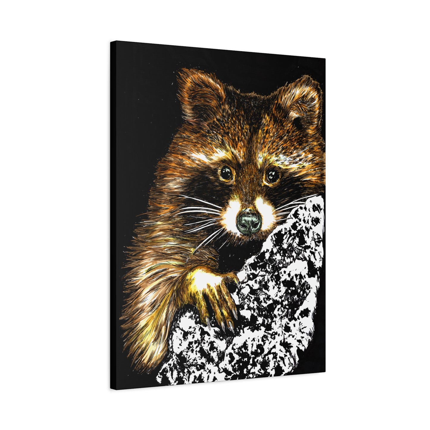 Raccoon in Tree Wall Art Canvas Print of the Original, hand drawn wall art of a Raccoon in a Tree