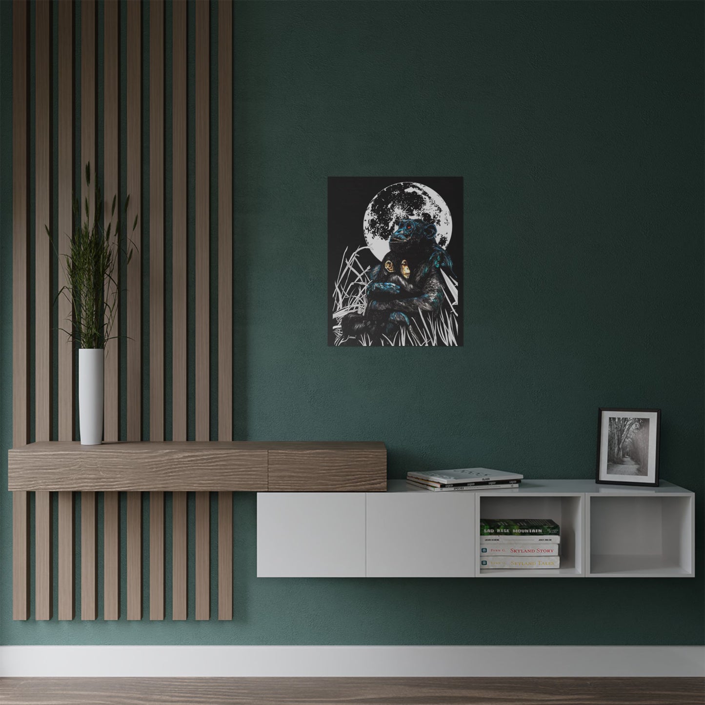 Satin Poster - Moonlit Chimpanzee Embrace Art Print