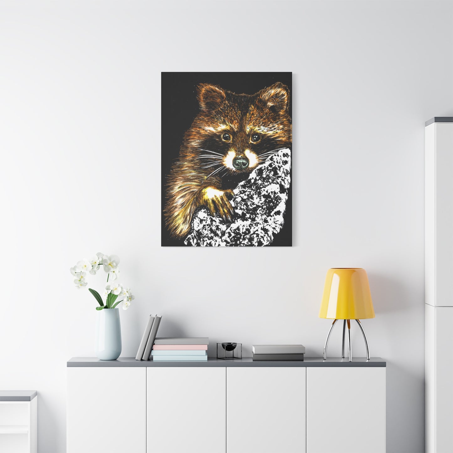 Raccoon in Tree Wall Art Canvas Print of the Original, hand drawn wall art of a Raccoon in a Tree