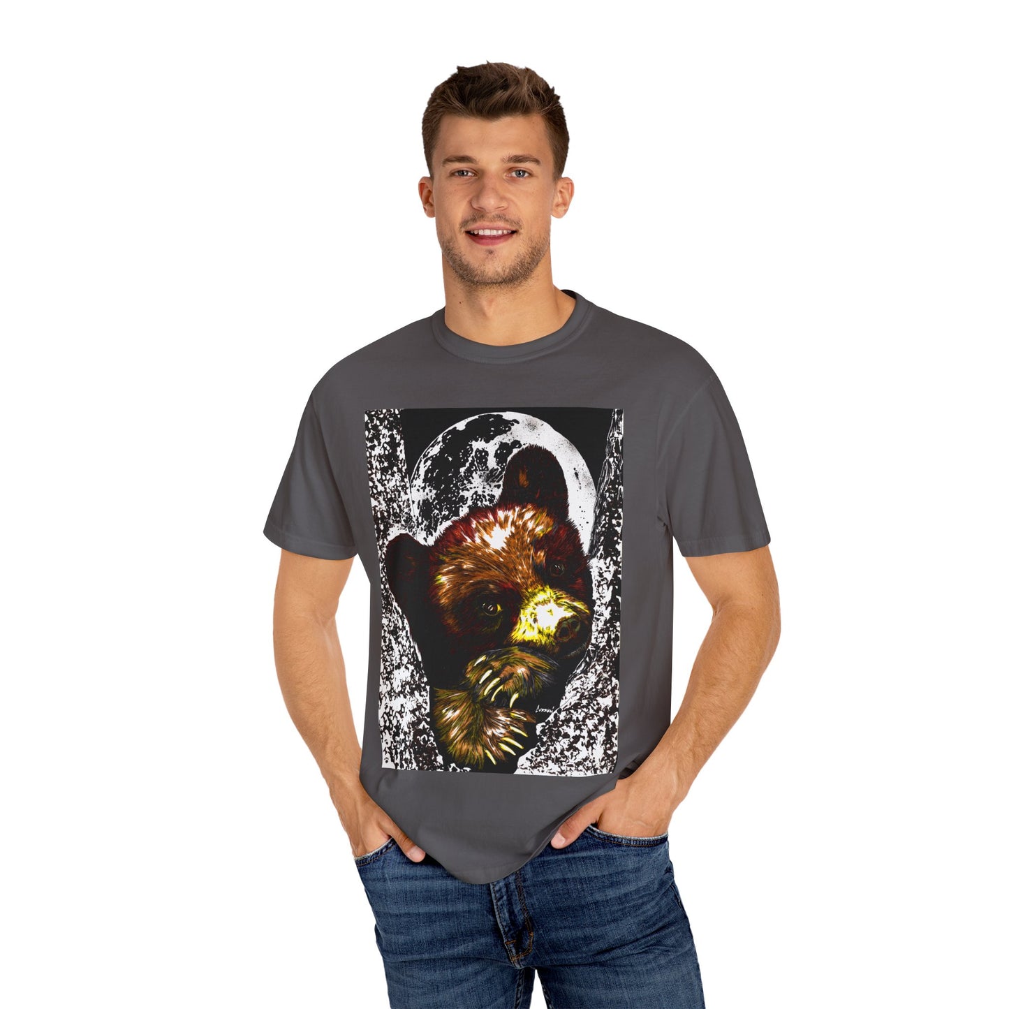 Moonlit Brown Bear Cub Unisex Garment-Dyed T-Shirt | Nature-Inspired Apparel