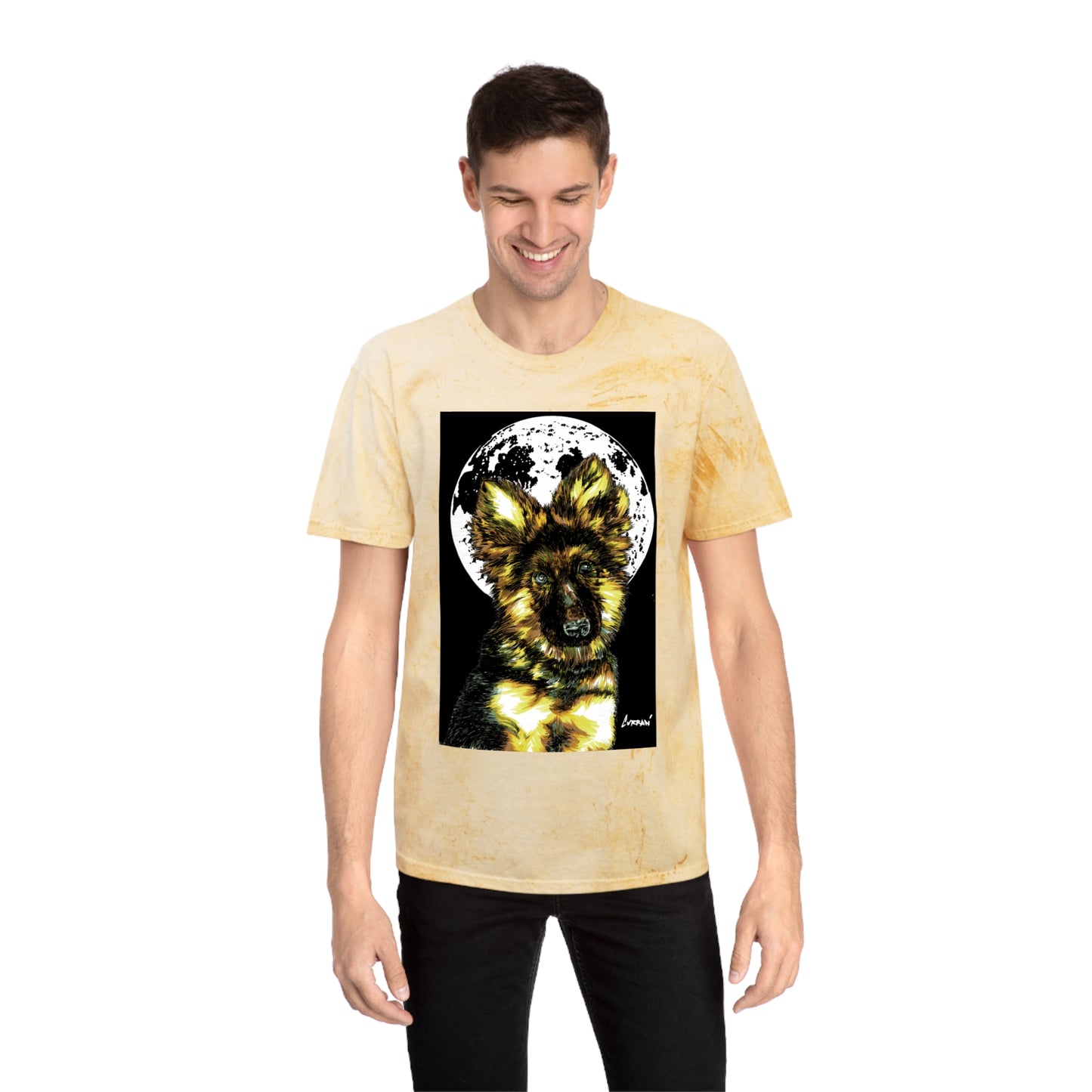 Unisex Color Blast T Shirt with Moonlit German Shepherd