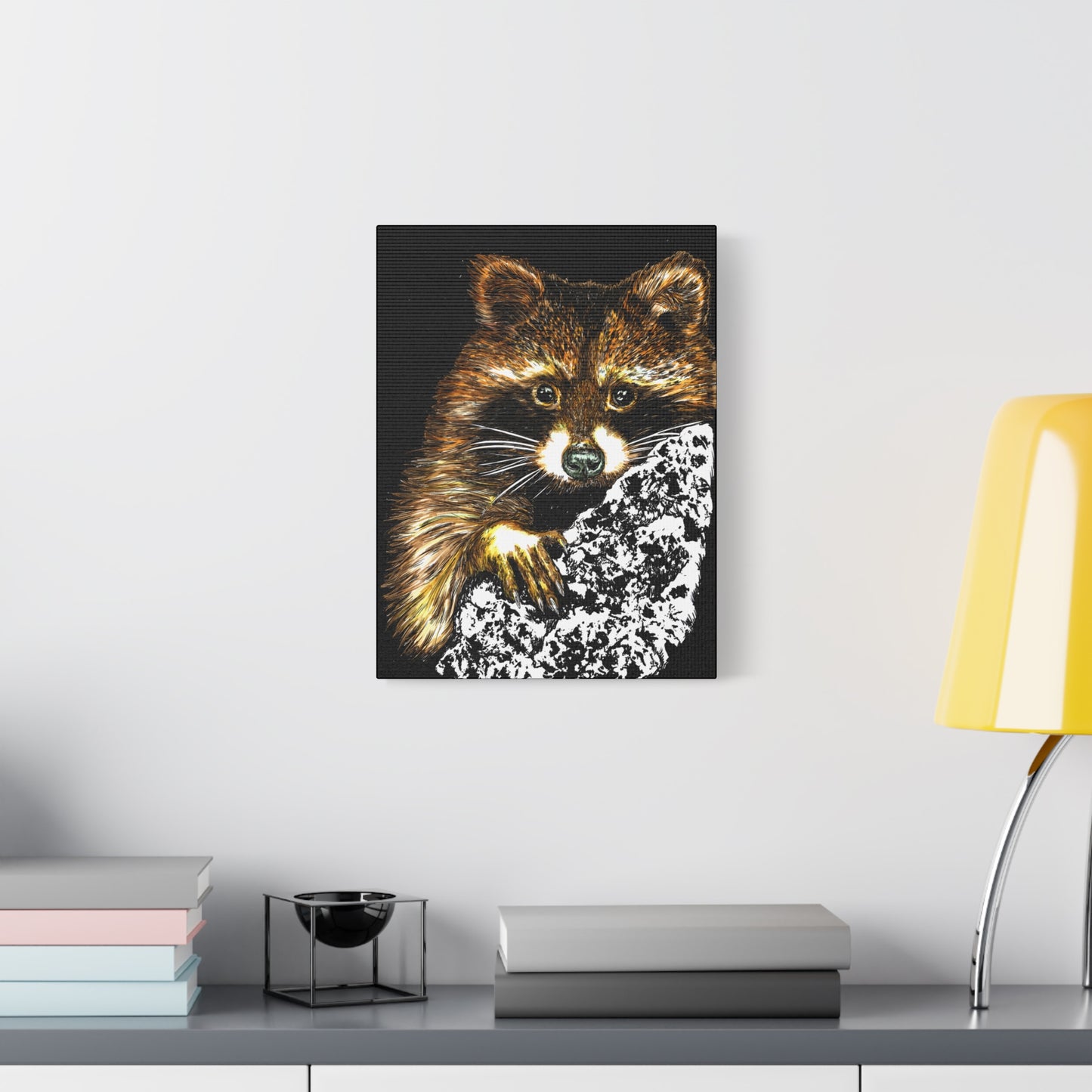 Raccoon in Tree Wall Art Canvas Print of the Original, hand drawn wall art of a Raccoon in a Tree