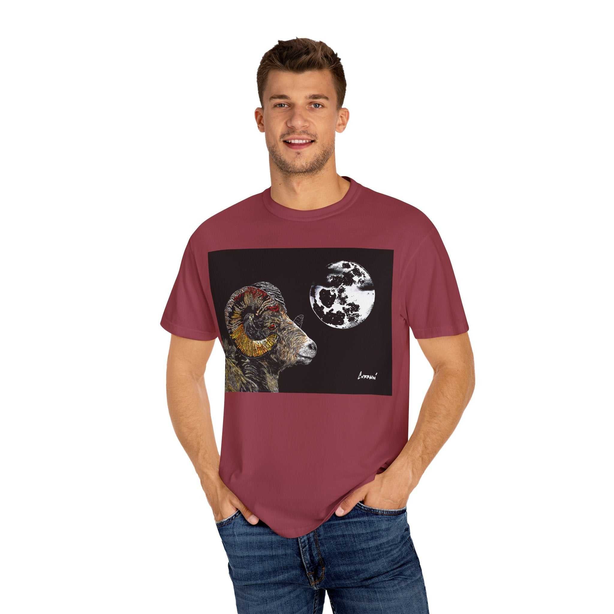 Elevate your style with our Mountain Ram and Moon Graphic Unisex T-Shirt, Nature-Inspired Artwear. Stand out with this unique piece now!